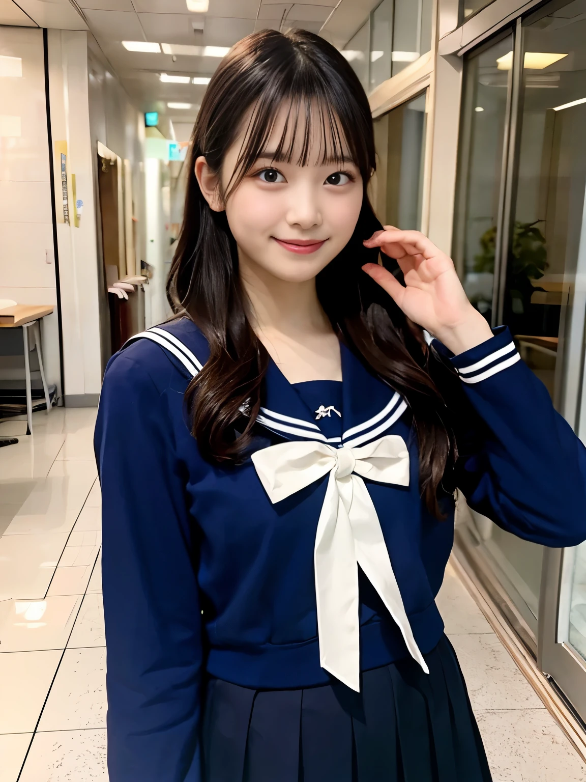 In detail,Blonde、Full body photo、 One high school girl、High resolution, high quality、Slim body、Perfect dynamic composition, Beautiful fine details, Blonde、Twin tails、Natural color lip,Kamimei、、Clear Skin、Sailor suit、Navy blue mini skirt、Thighs、Shiny Hair、最high quality, figure, Very detailed, In detail, High resolution, 8k、The correct state of the human body、Sculpture model pose,Pink wall,Sitting in a chair、Thighs are visible、smile、