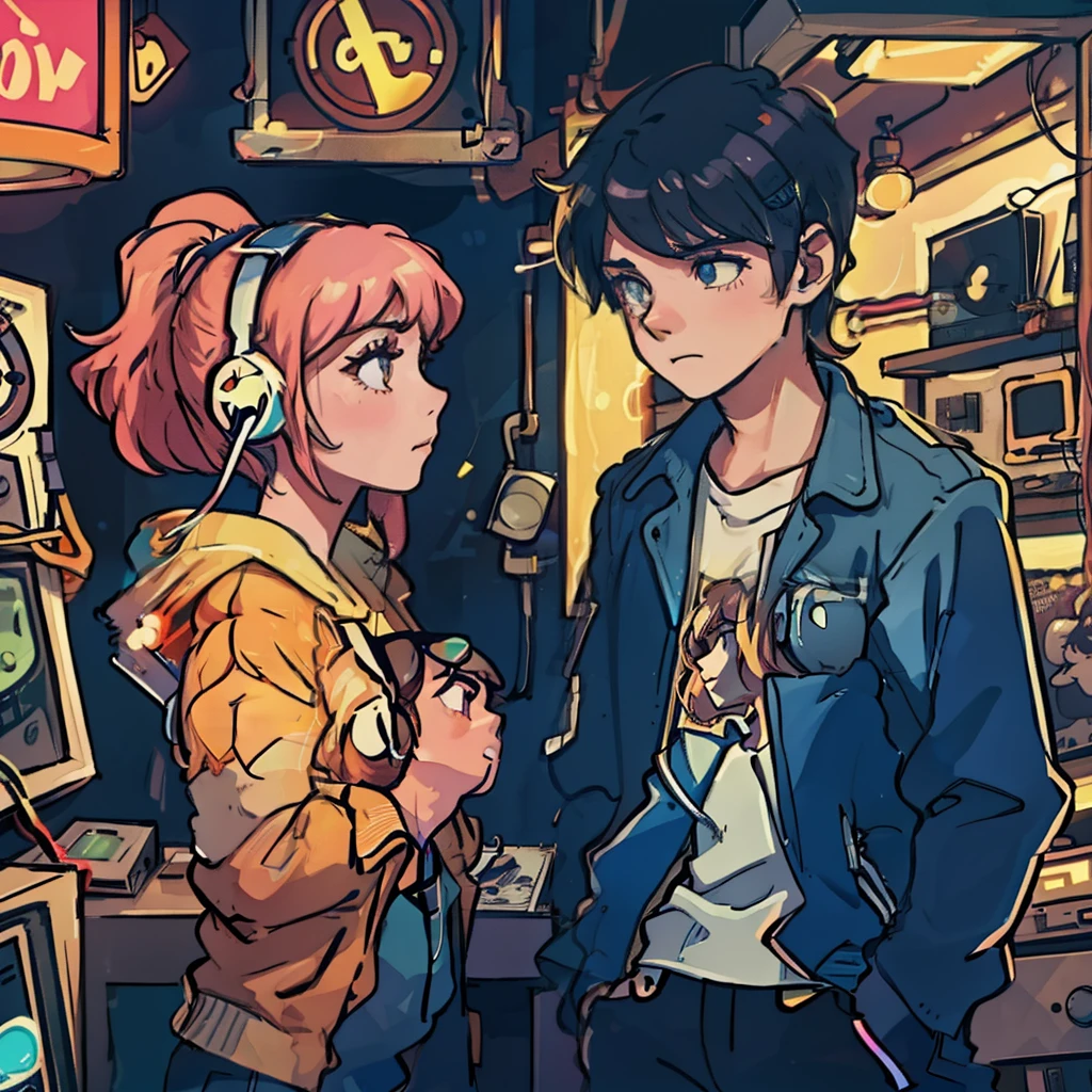 a boy and a girl are listening to music with headphones together in an old vinyl store, a room with a lot of singer poster, 80s style, with neon lights. The atmosphere is sad when the girl wanna break up.