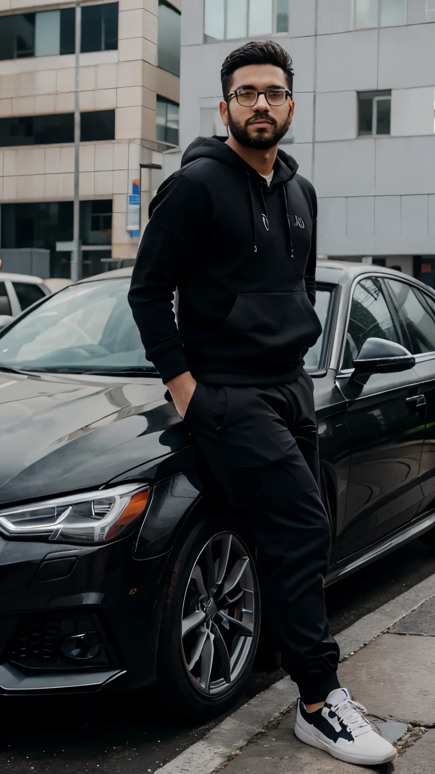 a full body, young latin man in Lima, posing on a audi car, wearing basic hoodie and dark grey cargo jogger pant, black air, neat beard, black glasses, shot with Sony Alpha a9 II and Sony FE 200-600mm f/5.6-6.3 G OSS lens, natural light, hyper realistic photograph, ultra detailed –ar 3:2 –q 2 –s 750