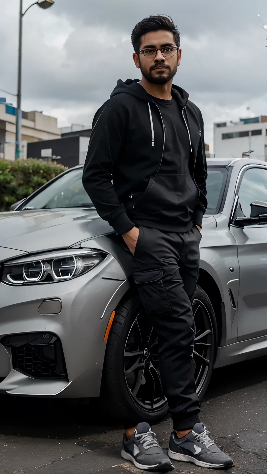 a full body, young latin man in Lima, posing on a bmw car, wearing basic hoodie and dark grey cargo jogger pant, black air, neat beard, black glasses, shot with Sony Alpha a9 II and Sony FE 200-600mm f/5.6-6.3 G OSS lens, natural light, hyper realistic photograph, ultra detailed –ar 3:2 –q 2 –s 750