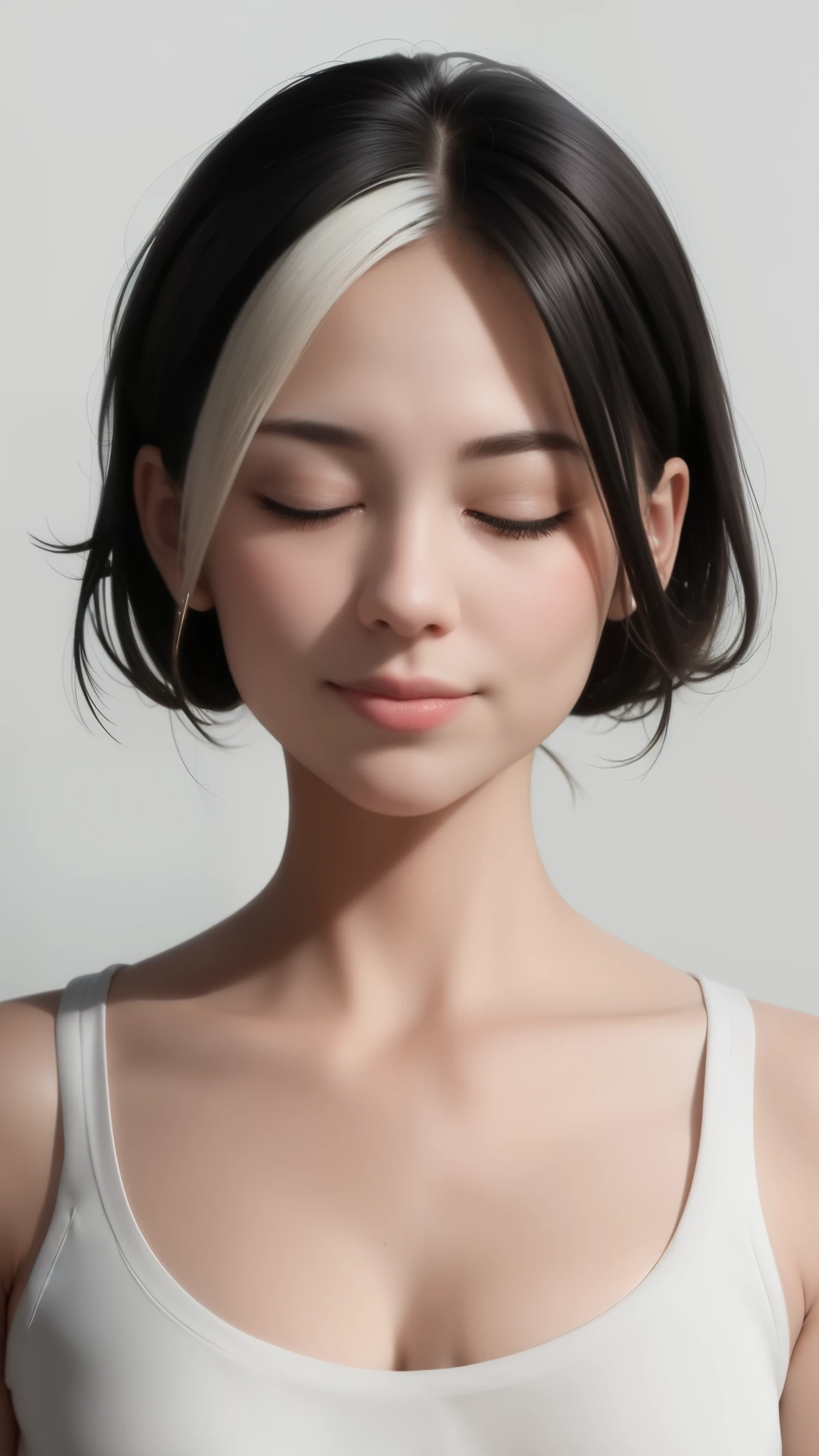Some of her front hair is white, closed her eyes, smiling slightly, A girl, turn this image into realistic, the face should be exactly the same with reference image