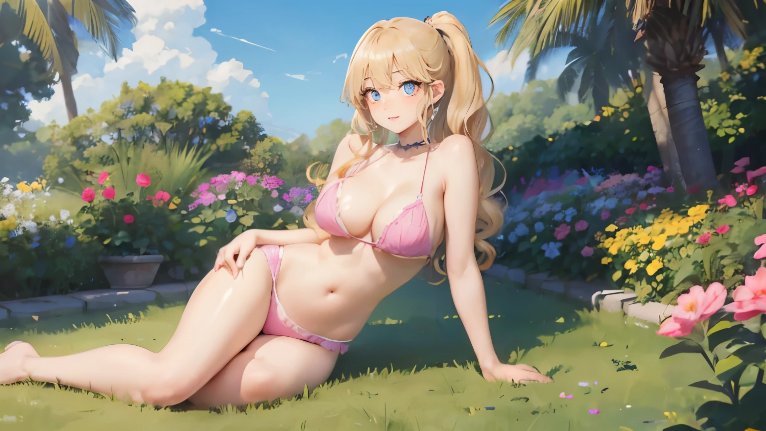 (masterpiece:1.2), (highest quality:1.2),, Curvy but slender body, perfect eyes, perfect face, perfect lighting, 1 girl, in the garden, (smile),(pink bikini),(ruffle bikini),(full body shot),(ponytail),(legs wide open),curly hair, fine clothes, detailed outdoor background, compensate, eye shadow, thick eyelashes, fantasy, looking at the viewer, whole body、blue sky、Bright and very beautiful face、young shiny glossy white shiny skin、the best beauty、the most beautiful bright blonde hair in the world、thin hair、long hair、Shining beautiful bangs、big shining blue eyes、Very beautiful and lovely 18 years old, the most beautiful girl in the world、small breasts