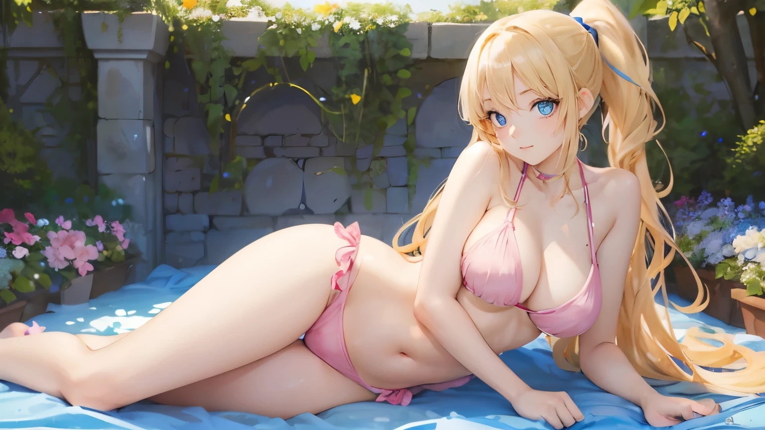 (masterpiece:1.2), (highest quality:1.2),, Curvy but slender body, perfect eyes, perfect face, perfect lighting, 1 girl, in the garden, (smile),(pink bikini),(ruffle bikini),(full body shot),(ponytail),(legs wide open),curly hair, fine clothes, detailed outdoor background, compensate, eye shadow, thick eyelashes, fantasy, looking at the viewer, whole body、blue sky、Bright and very beautiful face、young shiny glossy white shiny skin、the best beauty、the most beautiful bright blonde hair in the world、thin hair、long hair、Shining beautiful bangs、big shining blue eyes、Very beautiful and lovely 18 years old, the most beautiful girl in the world、small breasts
