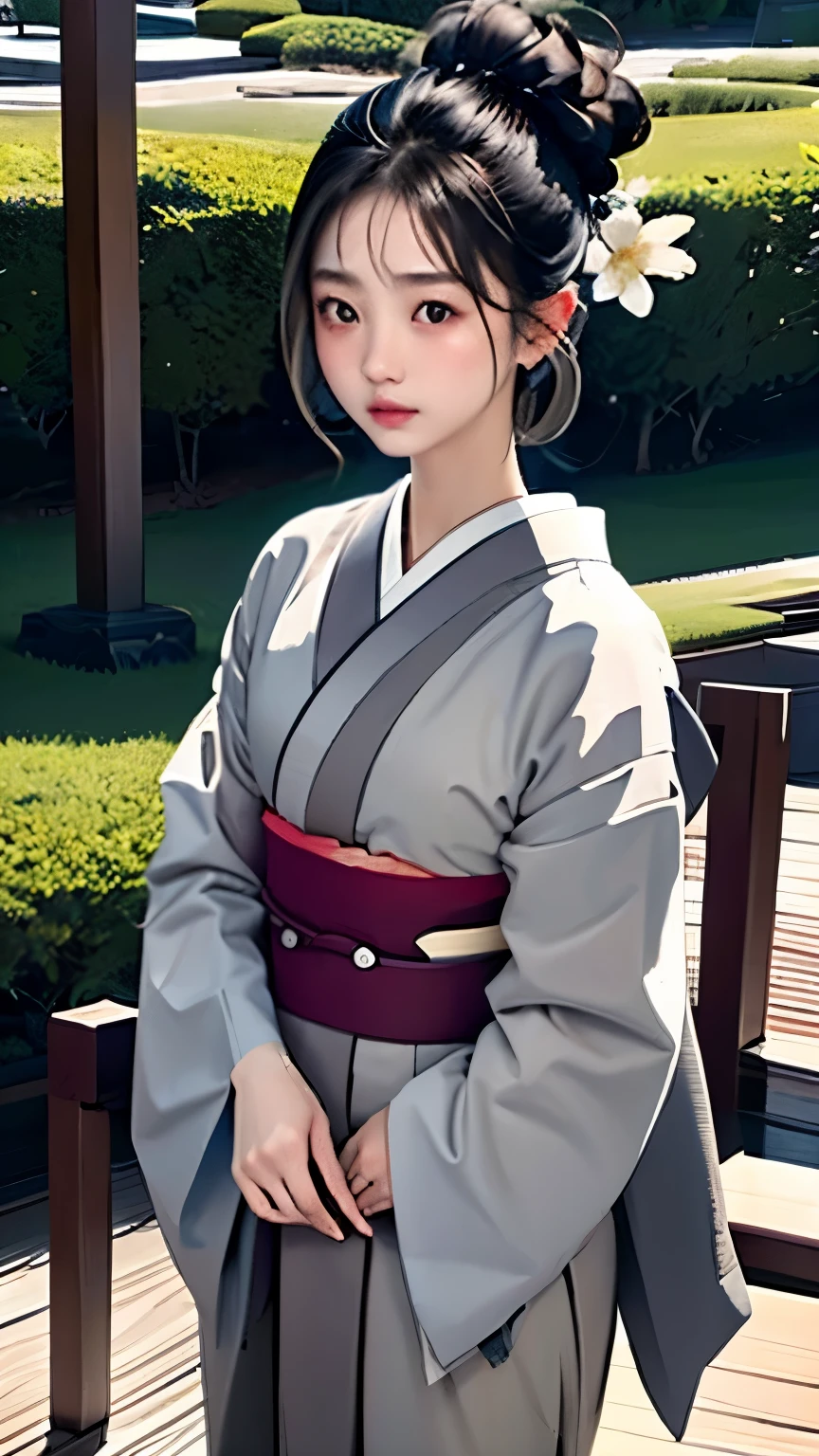 (((precise expression、)))、highest quality, table top, High resolution, (((1 girl))), ((:1.2)),(((eyes are gray:1.3)))、Super detailed face、cute face、small nose、attractive lips、Gray kimono、((美しいGray kimono)), Tyndall effect, realistic, shadow studio,Ultramarine lighting, dual tone lighting, (high detail skin: 1.2)、dim lighting、dark lighting、 Digital single-lens reflex camera,highest quality、master piece、 超High resolution, 4k, 8k, background blur,fade out beautifully、gray flower world