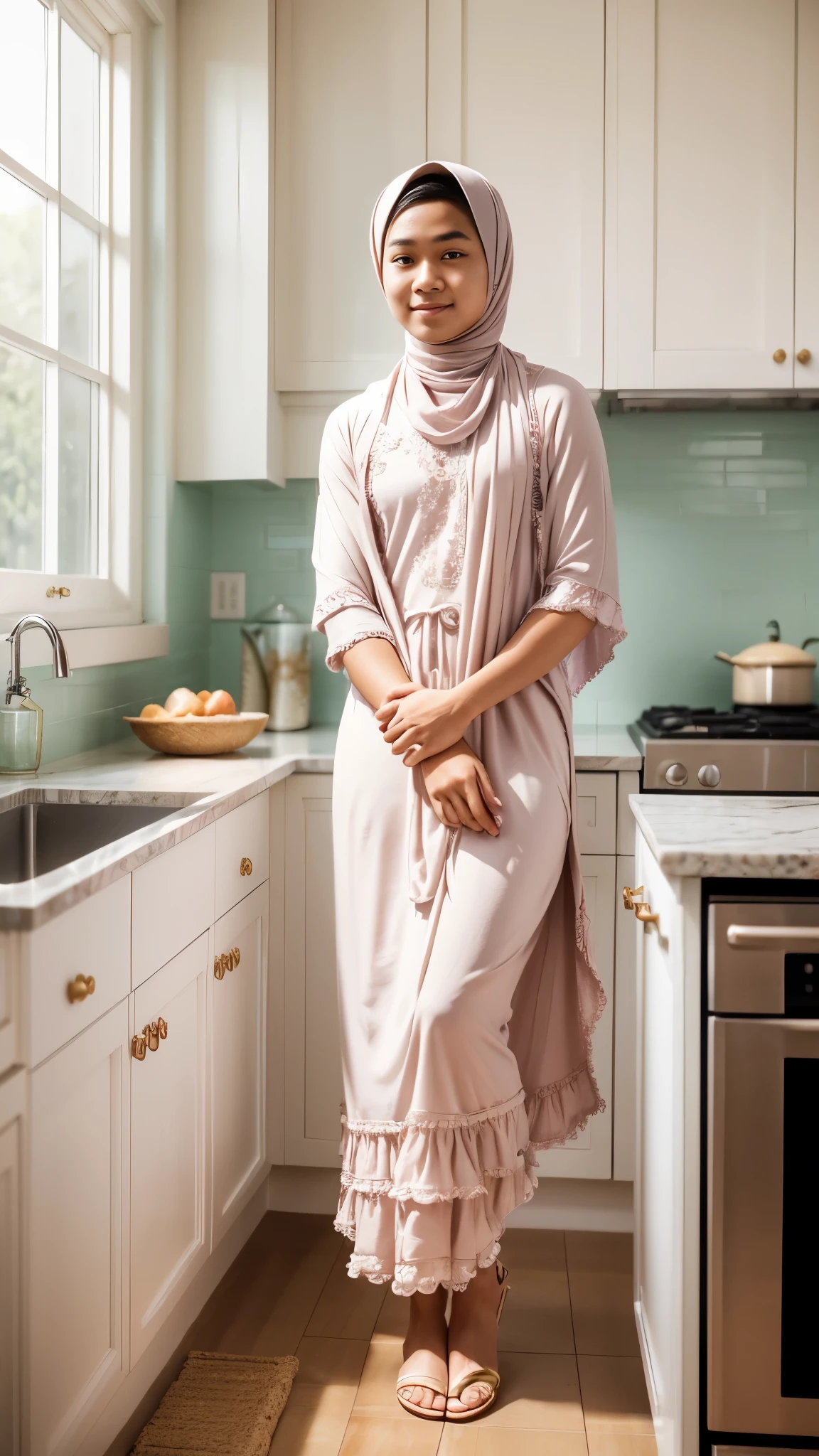 Full body image,from head to toe,Indonesian young man,standing in kitchen,delicate figures,cute face,detailed face features,perfect pashmina hijab,beautiful pastel long housedress,frilly white apron,sandals,shy expression,facing camera,bright sunlight, realistic photography, photo-realistic