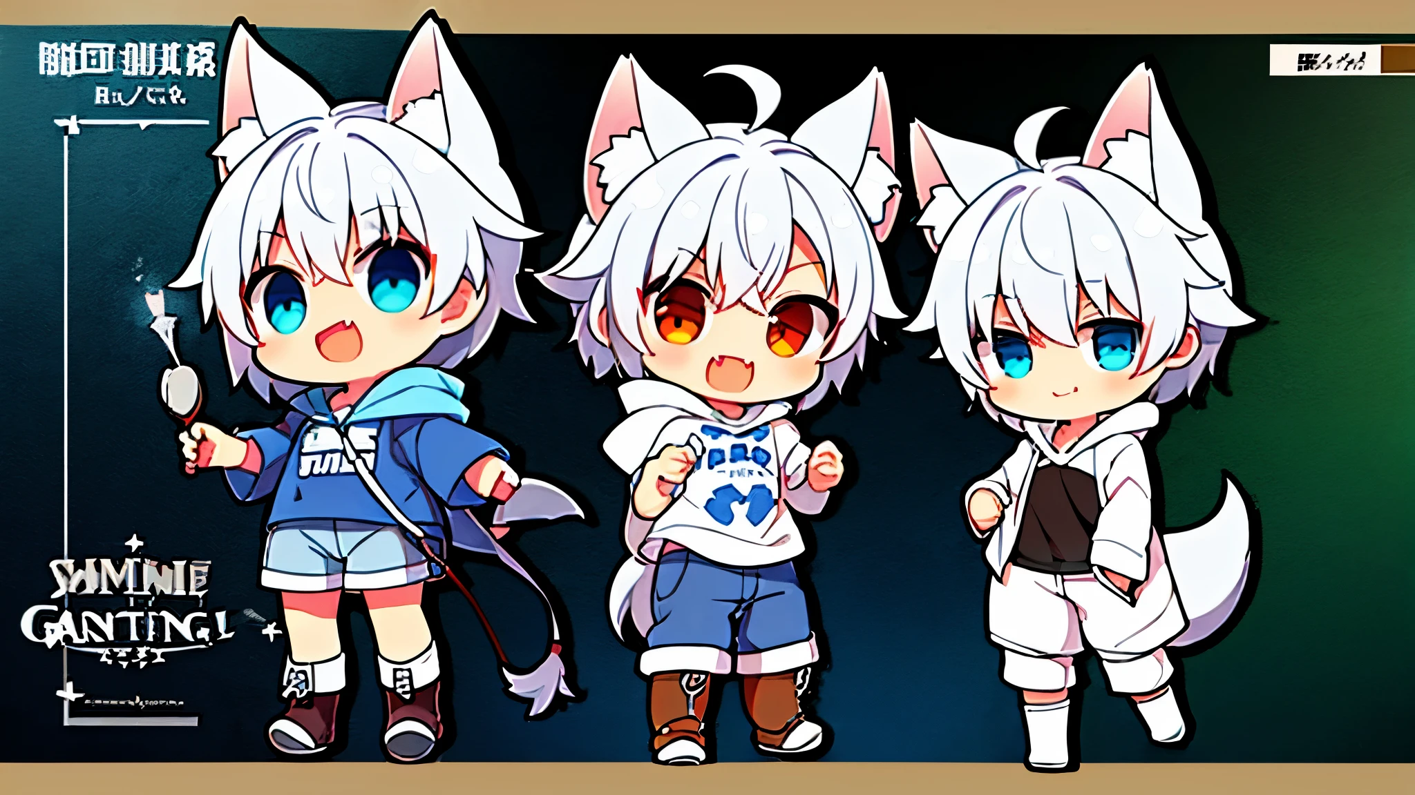(little boy), Hooded T-shirt, shorts, Martin boots, Correct number of feet, Remove the animal, silver hair, ahoge, goggles on head, wolf ears, fang, smug, anime, from side, projected inset, omake, Wide-Angle, letterboxed, high quality, 8k, anatomically correct, UHD, high details,(single role)