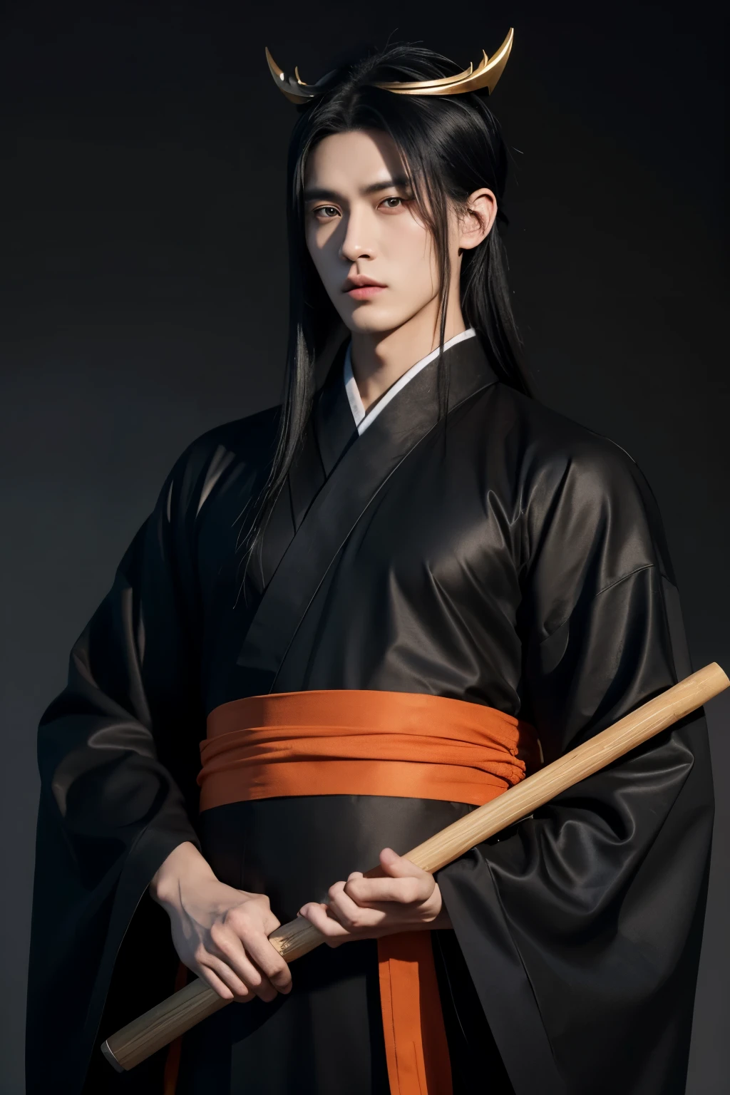 Anime man characters,black hanfu,Chinese,actor,Wang Hedi,Height 190cm,long black hair,Ancient costume,Demon King,Front view,big eyes,double eyelids,patterned headwear,