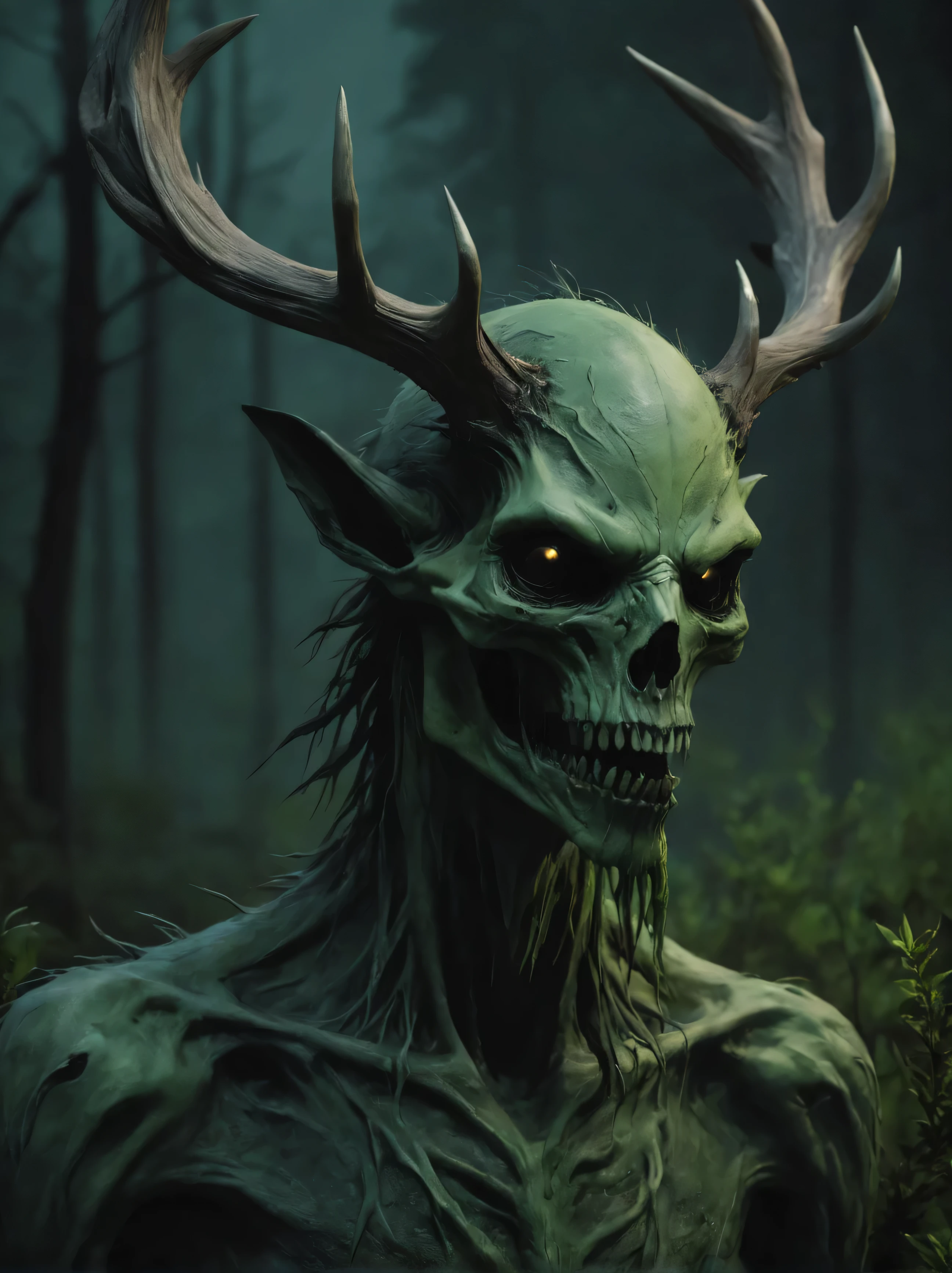 Wendigo, A close-up portrait of a character made out of death|life. (black) and green colors dominate the composition. swamp wasteland nighttime, Inspired by the work of Qiu Ying, high saturation detailed