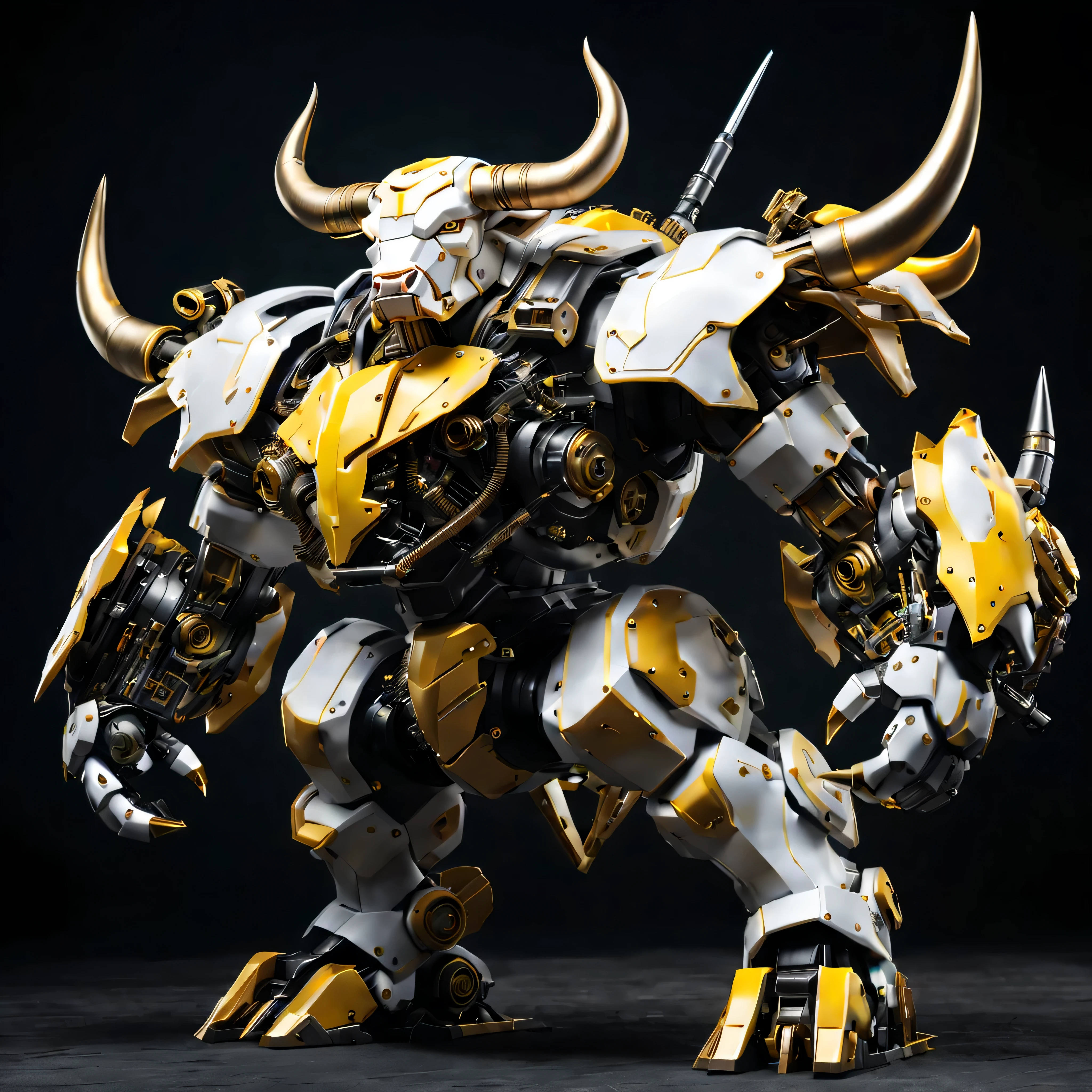 full view, Pure black background, A white and yellow Bull Mecha stands on the ground，Get into a fighting stance, Featuring a mechanical bull-shaped head and a body composed of ultra-precision mechanical parts, Electronic Component, and metal armor. (Well-designed, high detail, masterpiece, best quality, ultra high definition, Sharpen details, ,metallic feel),New Jersey RS