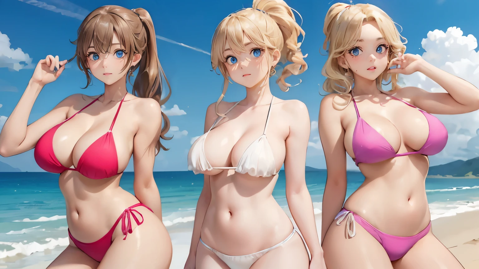 (masterpiece:1.2), (highest quality:1.2),, Curvy but slender body, perfect eyes, perfect face, perfect lighting, 2 girls, on the beach, （beach volleyball），（pink bikini），（ruffle bikini），（full body shot），（ponytail），（legs wide open），curly hair, fine clothes, detailed outdoor background, compensate, eye shadow, thick eyelashes, fantasy, looking at the viewer, whole body、blue sky、Bright and very beautiful face、young shiny glossy white shiny skin、the best beauty、the most beautiful bright blonde hair in the world、thin hair、long hair、Shining beautiful bangs、big shining blue eyes、Very beautiful and lovely 18 years old, the most beautiful girl in the world、small breasts