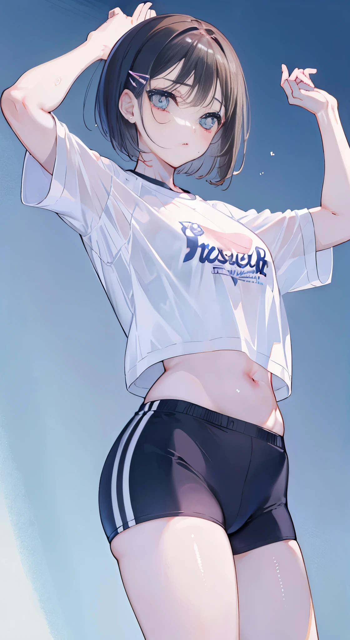 "(perfect masterpiece:1.2), (highest quality:1.2), stunning face, mature and chubby, Big eyes, compensate, long and luxurious eyelashes, lip whole, irresistible charisma.",belly button,(((girl like boy))),(((very short hair))),abs,raised his arms,NSFW,(((muscle))),sports pants,sportswear,hair clip,training,Sweat,yoga,wallpaper,white t-shirt,small breasts