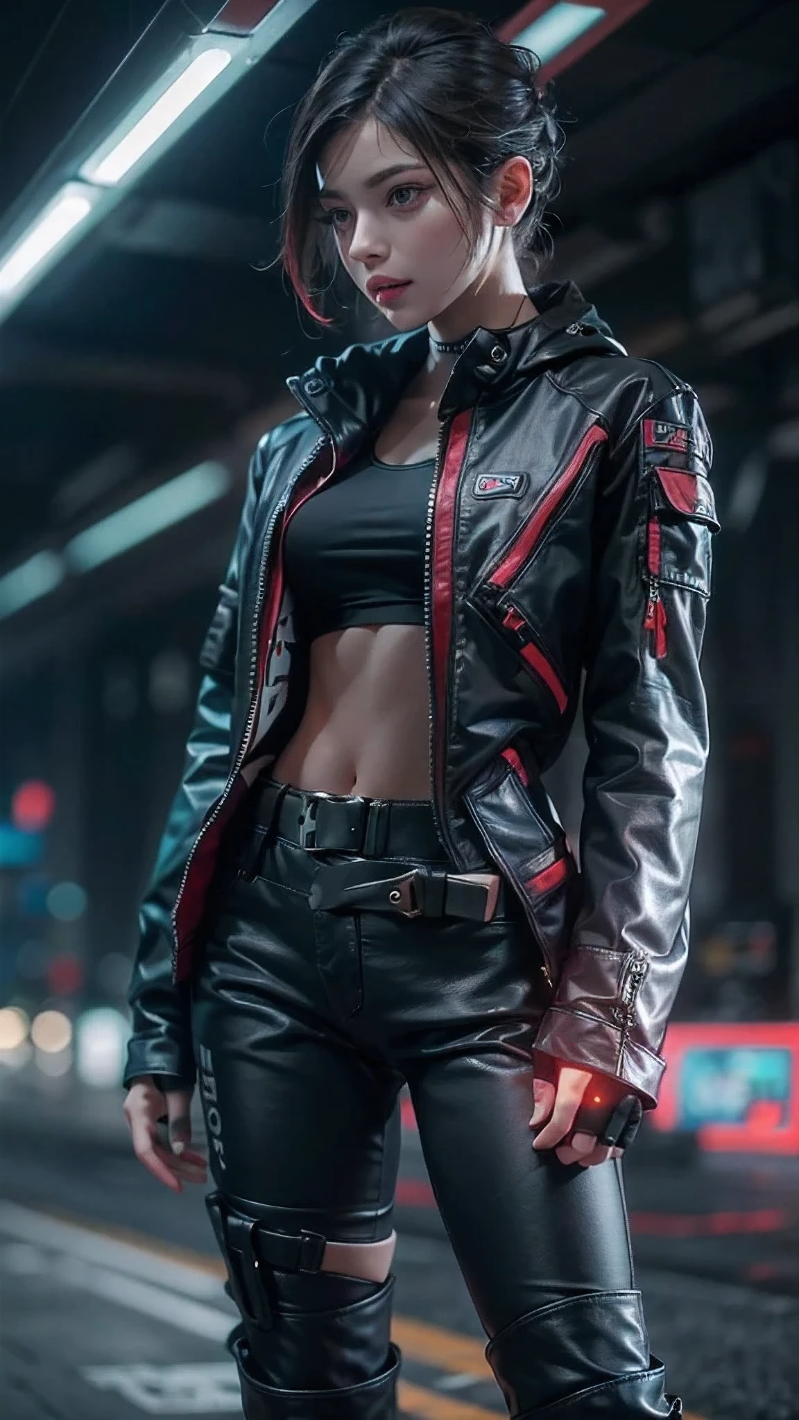 motor irreal:1.4,UHD,La mejor calidad:1.4, fotorrealista:1.4, textura de la piel:1.4, obra maestra:1.8, Hermosa mujer, cabello rojo, Black military coat, senos largos, Estilo cyberpunk, Detalles realistas, full body photo, Chaqueta de cuero negro retrato,white jeans Vaqueros cortos,,hermosas manos finas ,(cyberpunk:1.4),(cabello multicolor+rosado:1.3+amarillo:1.3),lingerie cyberpunk, Noche misteriosa,(detailed:1.4),(Special station:1.4),