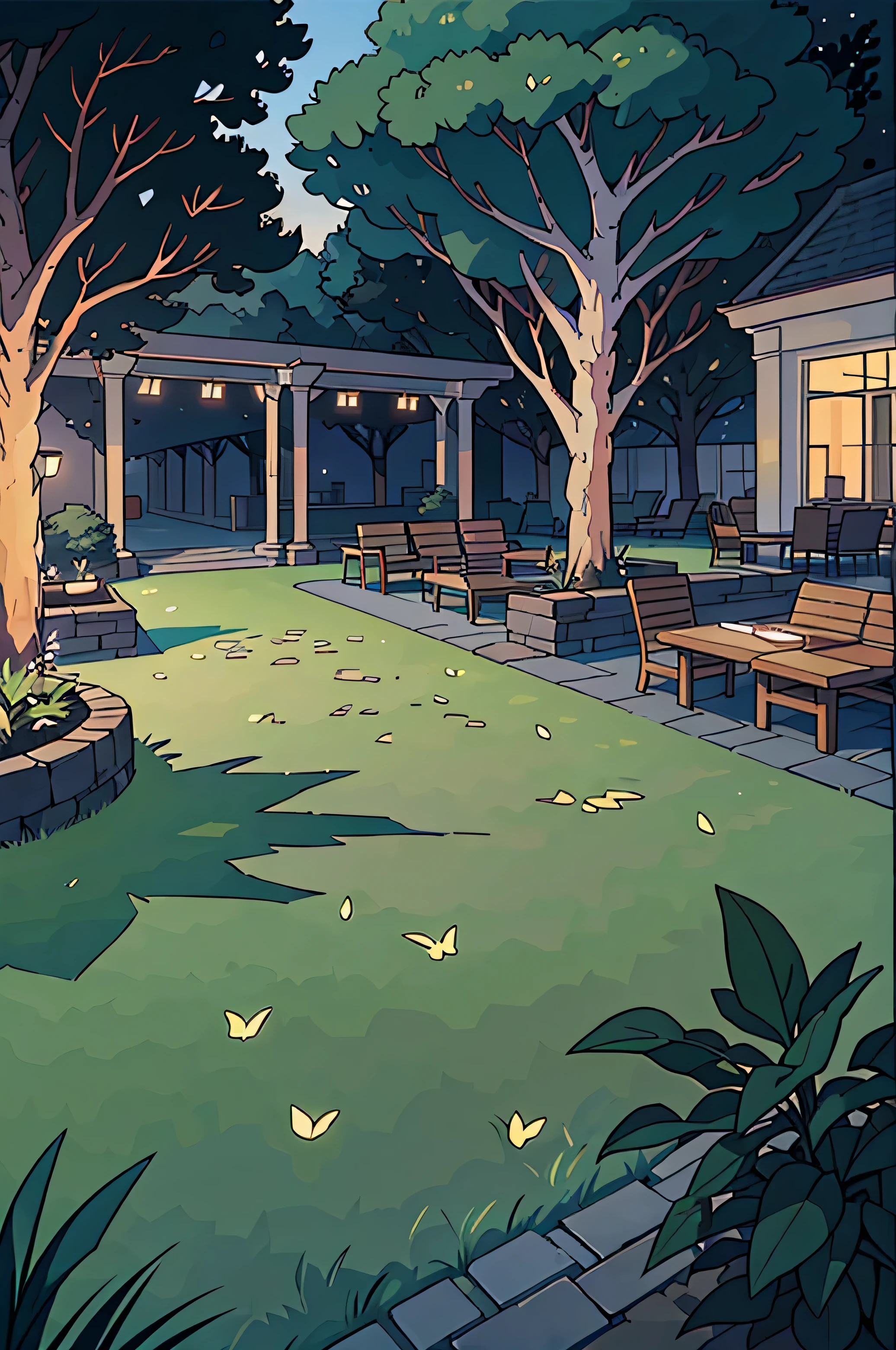 Open hotel courtyard with bushes and a massive tree  and seating area in the center, 