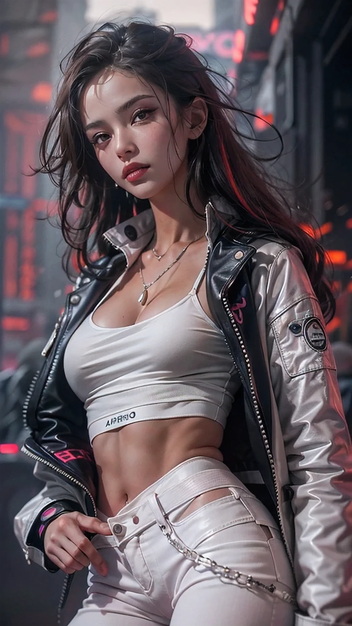 motor irreal:1.4,UHD,La mejor calidad:1.4, fotorrealista:1.4, textura de la piel:1.4, obra maestra:1.8, Hermosa mujer, cabello rojo, Black military coat, senos largos, Estilo cyberpunk, Detalles realistas, full body photo, Chaqueta de cuero negro retrato,white jeans Vaqueros cortos,,hermosas manos finas ,(cyberpunk:1.4),(cabello multicolor+rosado:1.3+amarillo:1.3),lingerie cyberpunk, Noche misteriosa,(detailed:1.4),(Special station:1.4),