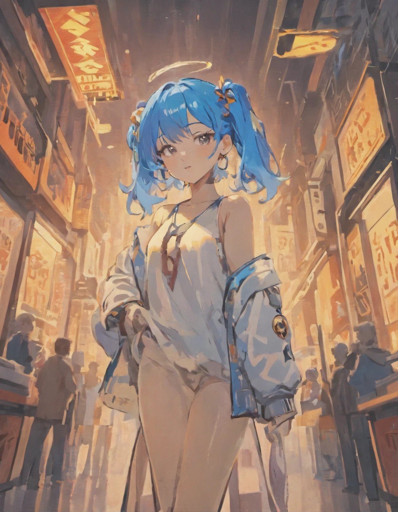 Cyberpunk future diva idol singer music concert blue hair cheerful clothing planning theme autumn and winter return to dust，style: Urban simplicity, old money style, Reference brand TEME 2023. Moya Seoul 2023 Color: peach, amber brown, Orange-yellow details: The top is smart，Casual culottes with loose straps，White shirt material: Linen, cotton, silk, wool, Full body front design