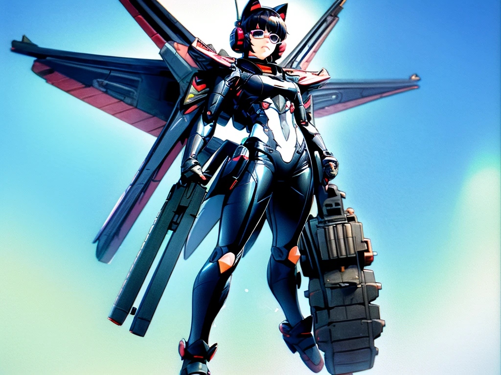 (((Scene where the whole body is visible、I can see my toeasterpiece)))、(((short black hair、Slender female admiral with flat chest、solo、black eyes、black half rim glasses、white army costume、full body tights white、Cat Ear Headset)))、((giant pump action shotgun))、(Ocean上に浮かび立つシーン)、blue sky、Ocean、(thick and long armored tail)、艦砲Shoot、Shoot、Battleship Yamato guns on both shoulders