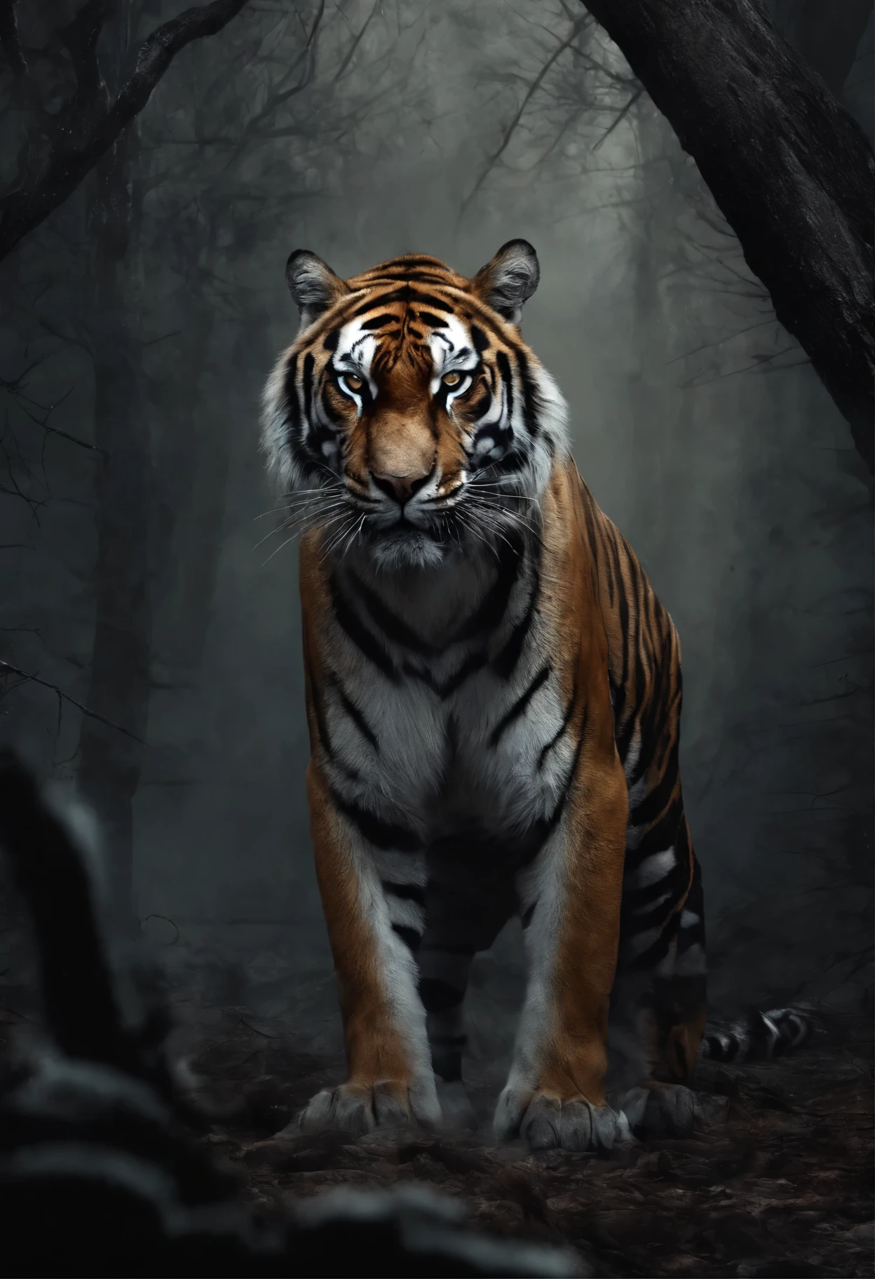 (best quality,4K,8K,high resolution,chef-d'artwork:1.2),ultra-detailed,(realistic,photorealistic,photo-realistic:1.37),tiger in the desert,des yeux majestueux et frappants,fierce expression,dents pointues,des couleurs vives et saisissantes,(detailed fur,fourrure dense:1.1),(construction puissante,gros muscles),dense forest background,Sunlight passes through the trees,dramatic lighting,tigre se fondant dans l'environnement,unpredictable atmosphere,Disturbing presence,rendu artistique,high contrast,contrasting shades,controlled color palette