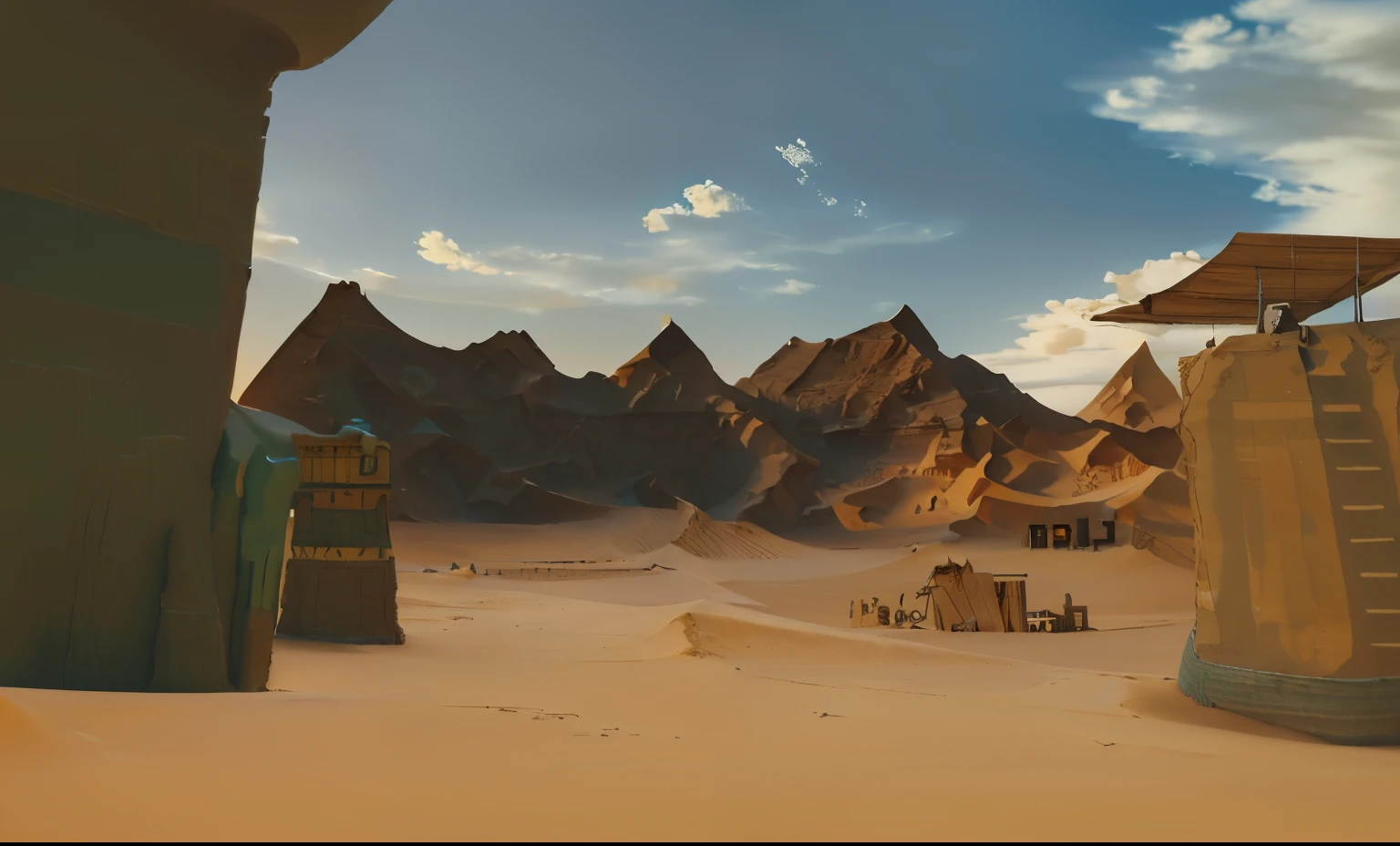 There is a picture of the desert，In the background is a building and a mountain, Sci-fi Mongolian Village, desert environment, wild west setting, sand and desert environment, West Side, somewhere in the desert, Rendered in Unity 3D, desert city, new mexican desert background, dusty unreal engine, old west, unity screenshot, in game engine, desert environment