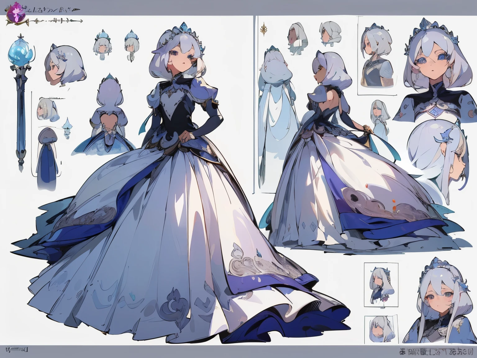 ((masterpiece)),(((best quality))),(character design sheet,same characters,front,side,Back),illustration,1 dragon girl,blond,princess cut,Faucet decoration,hair on eyes,beautiful eyes,Environmental scene changes, Also pose, Gorgeous princess dress, magic, Chathunbetalora, (simple Background, white Background: 1.3)