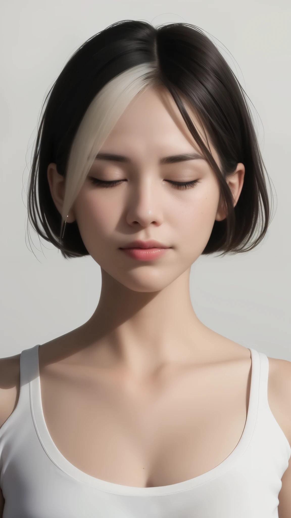 Some of her front hair is white, closed her eyes, smiling slightly, A girl, turn this image into realistic, the face should be exactly the same with reference image, photo realistic, showing details, colors, and lighting as they appear in real life.