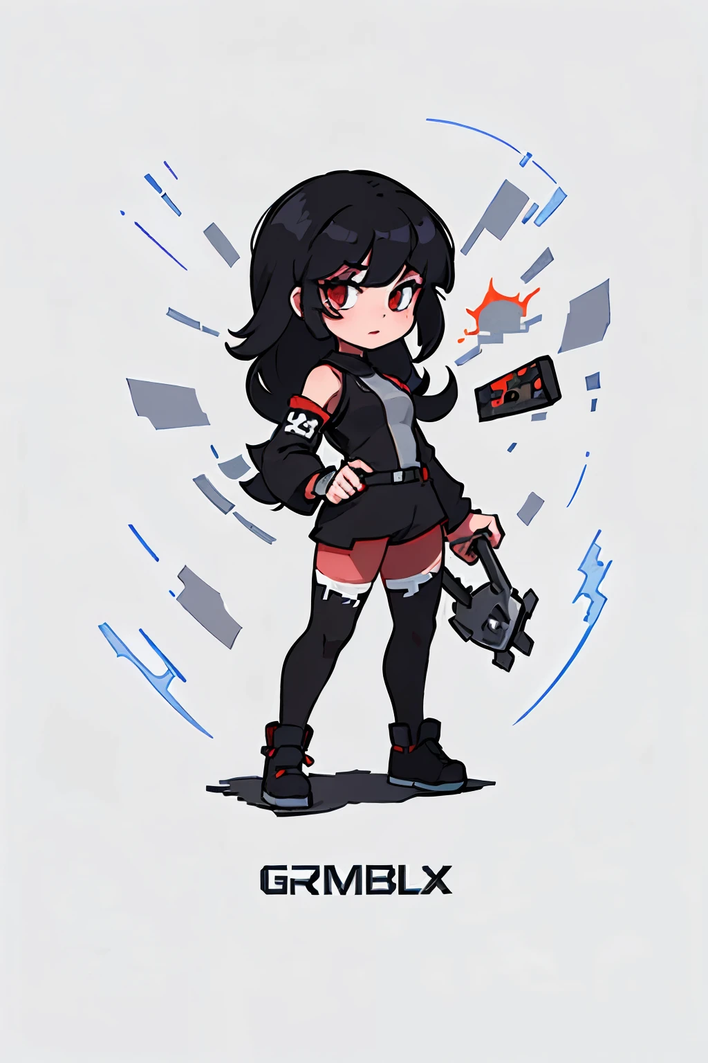 1girl, long black hair, red eyes, wearing a rock band outfit, grey leggings, white background, pixel art, detailed, gameboy, high res, ultrasharp, 8k, masterpiece, looking at viewer