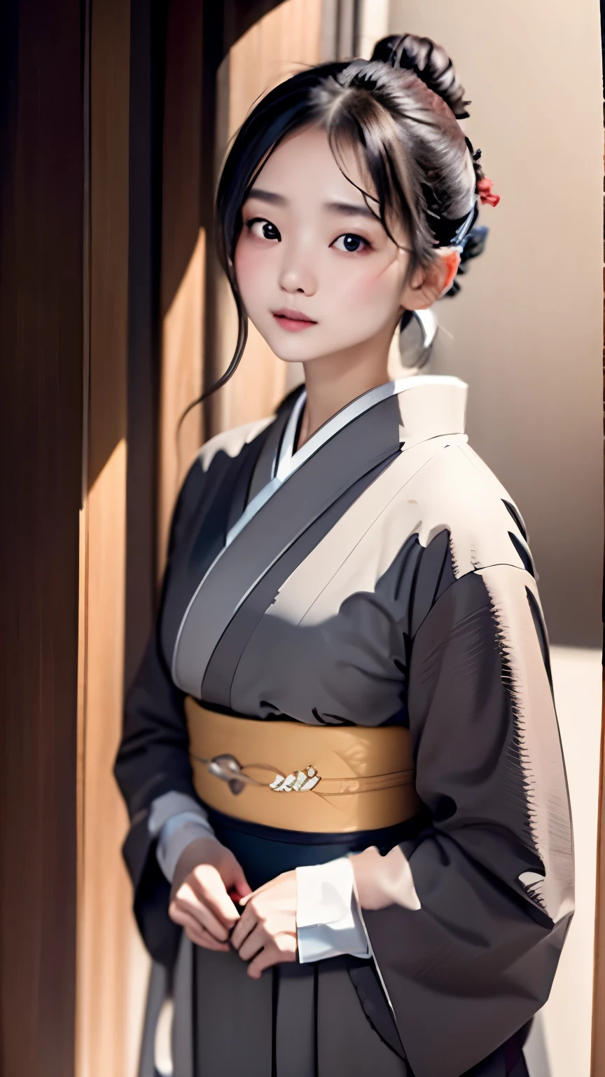 (((precise expressiotomy)))、highest quality, table top, High resolution, (((1 girl))), ((:1.2)),(((eyes are gray:1.3)))、Super detailed face、cute face、small nose、attractive lips、Gray kimono、((美しいGray kimono)), Tyndall effect, realistic, shadow studio,Ultramarine lighting, dual tone lighting, (high detail skin: 1.2)、dim lighting、dark lighting、 Digital single-lens reflex camera,highest quality、master piece、 超High resolution, 4k, 8k, background blur,fade out beautifully、gray flower world