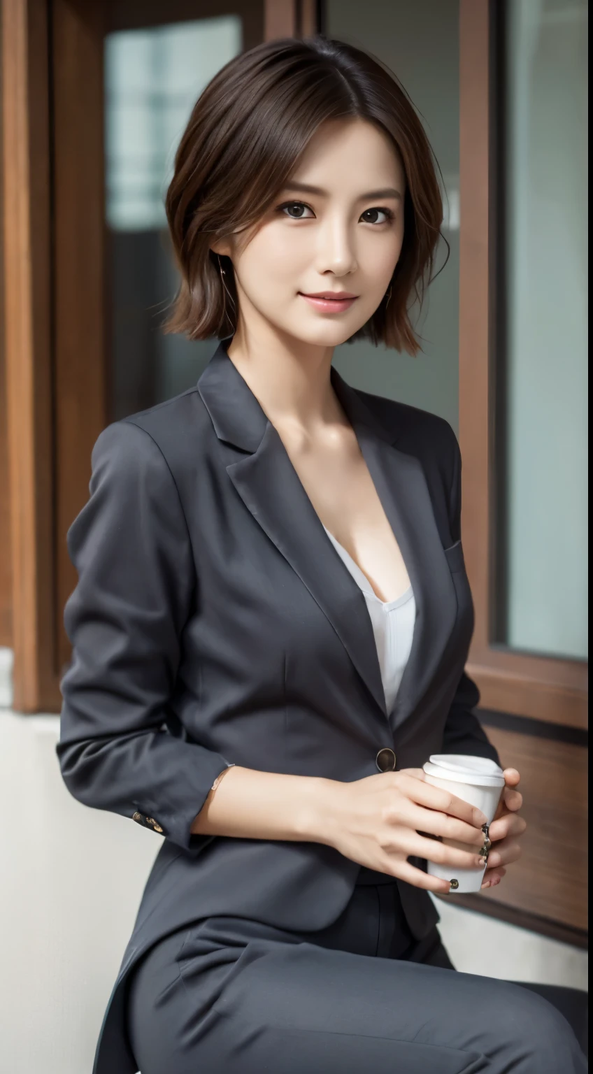 Photorealistic beautiful nurse、amazingly beautiful、((a stylish suit、Business Pants))、(highest quality、8k、32K、masterpiece、nffsw:1.3)、ultra high resolution,(Photoreal:1.4),RAW photo, detailed face,,beautiful hair、very short hair 、nipple、 natural makeup,, small perfect breasts、(stylish cafe、drink coffee), detailed background, perfect lighting, Depth of written boundary, beautiful shadow gradation ,、thin limbs、thin thighs、(whole body)、