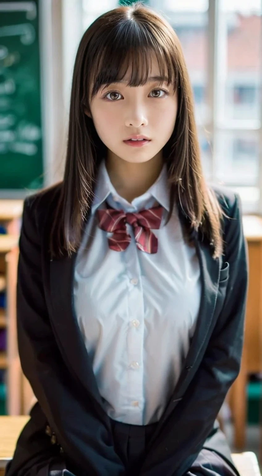 25 year old female, , ((In the classroom)), ((school uniform)), RAW photo, (photorealistic: 1.37, realistic), High-definition unified CG 8K wallpaper, 1 girl, (((perfect body: 1.1)), (medium breasts: 1.2), looking at the viewer, (((straight from the front)))), (headquarters skin:1.2, shiny skin), 8k UHD, Digital single-lens reflex camera, soft lighting, high quality, film grain, Fujifilm XT3, ((whole body:  0.8)), (professional lighting:1.4) ,NSFW