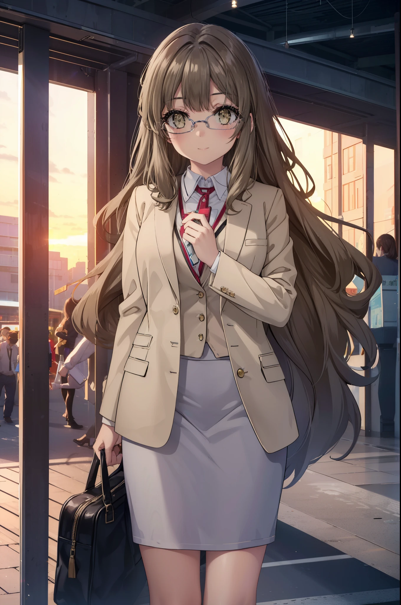 riofutaba, rio futaba, long hair, brown hair, (brown eyes:1.5), Glasses,smile,blush,
, OL,Braid, end, black suit jacket, collared jacket, white dress shirt, collared shirt, neckline, button, strap, ID card on the neck, black pencil skirt, black pantyhose, stiletto heels,business bag,smile, blush, looking at the viewer,sunset,夕方 
break outdoors, In town,building street,
break looking at viewer, (cowboy shot:1.5),
break (masterpiece:1.2), highest quality, High resolution, unity 8k wallpaper, (figure:0.8), (detailed and beautiful eyes:1.6), highly detailed face, perfect lighting, Very detailed CG, (perfect hands, perfect anatomy),