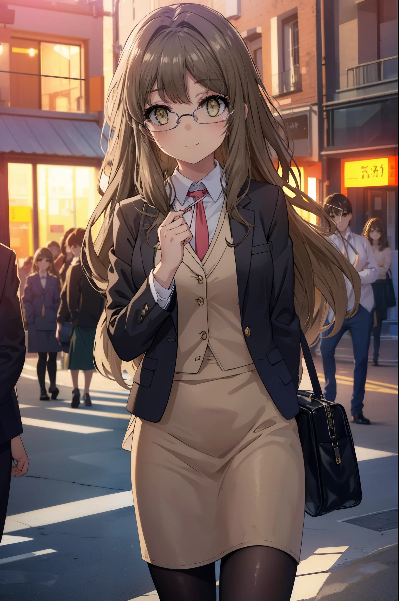 riofutaba, rio futaba, long hair, brown hair, (brown eyes:1.5), Glasses,smile,blush,
, OL,Braid, end, black suit jacket, collared jacket, white dress shirt, collared shirt, neckline, button, strap, ID card on the neck, black pencil skirt, black pantyhose, stiletto heels,business bag,smile, blush, looking at the viewer,sunset,夕方 
break outdoors, In town,building street,
break looking at viewer, (cowboy shot:1.5),
break (masterpiece:1.2), highest quality, High resolution, unity 8k wallpaper, (figure:0.8), (detailed and beautiful eyes:1.6), highly detailed face, perfect lighting, Very detailed CG, (perfect hands, perfect anatomy),