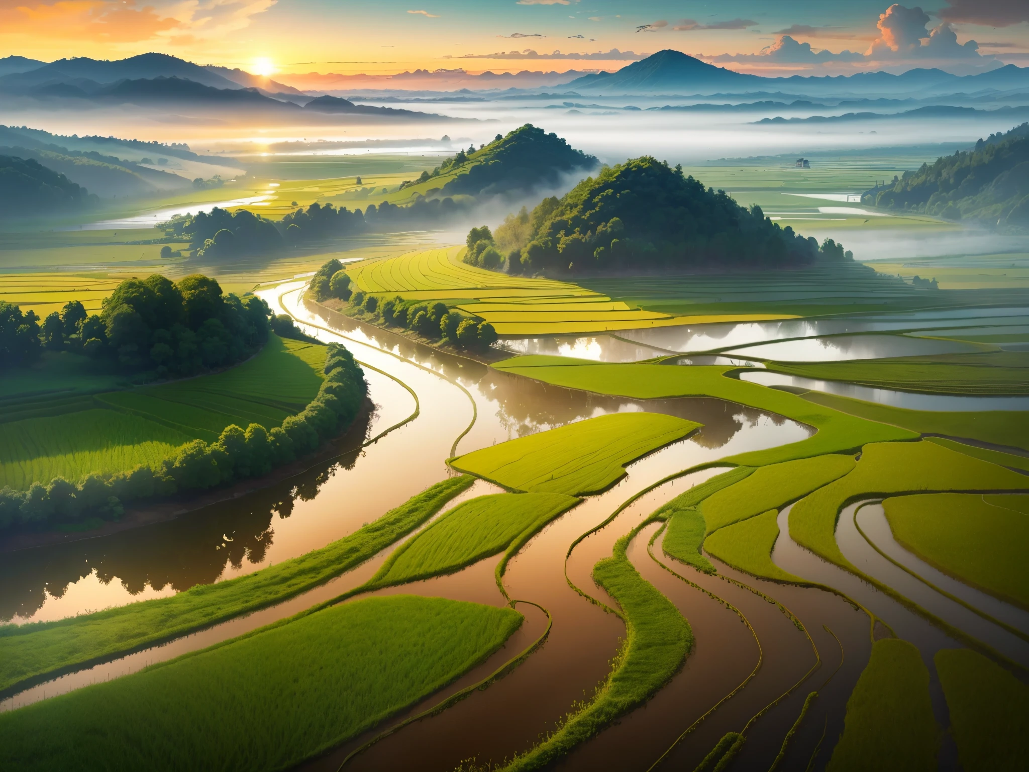 a scenic landscape with (rice paddy fields:1.2),lush greenery,rippling water,glowing sunset,misty mountains,traditional farming methods,rural tranquility,texture-rich farmland,(best quality,4k,8k,highres,masterpiece:1.2),ultra-detailed,realistic,photorealistic:1.37),landscape,Asian countryside,vibrant colors,warm tones,soft lighting