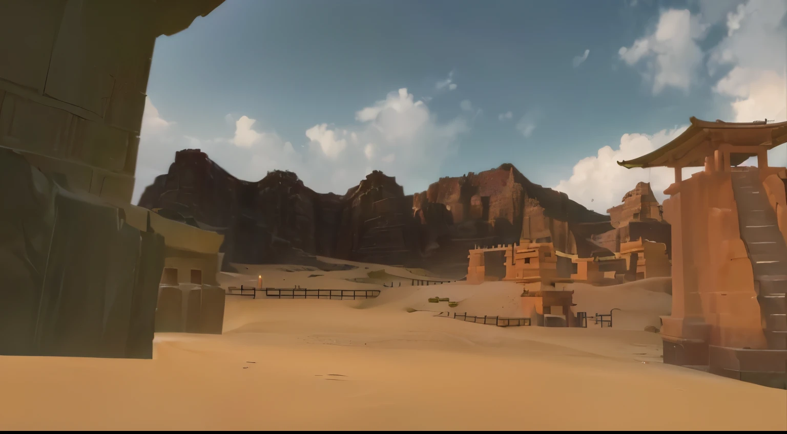 ((realistic light, best quality, 8k, Pianfei: 1.3)), ((Desert canyon dyed red by sunset)), (A huge temple carved into a high cliff), Sexy priestess standing in front of temple, have a long crutch,