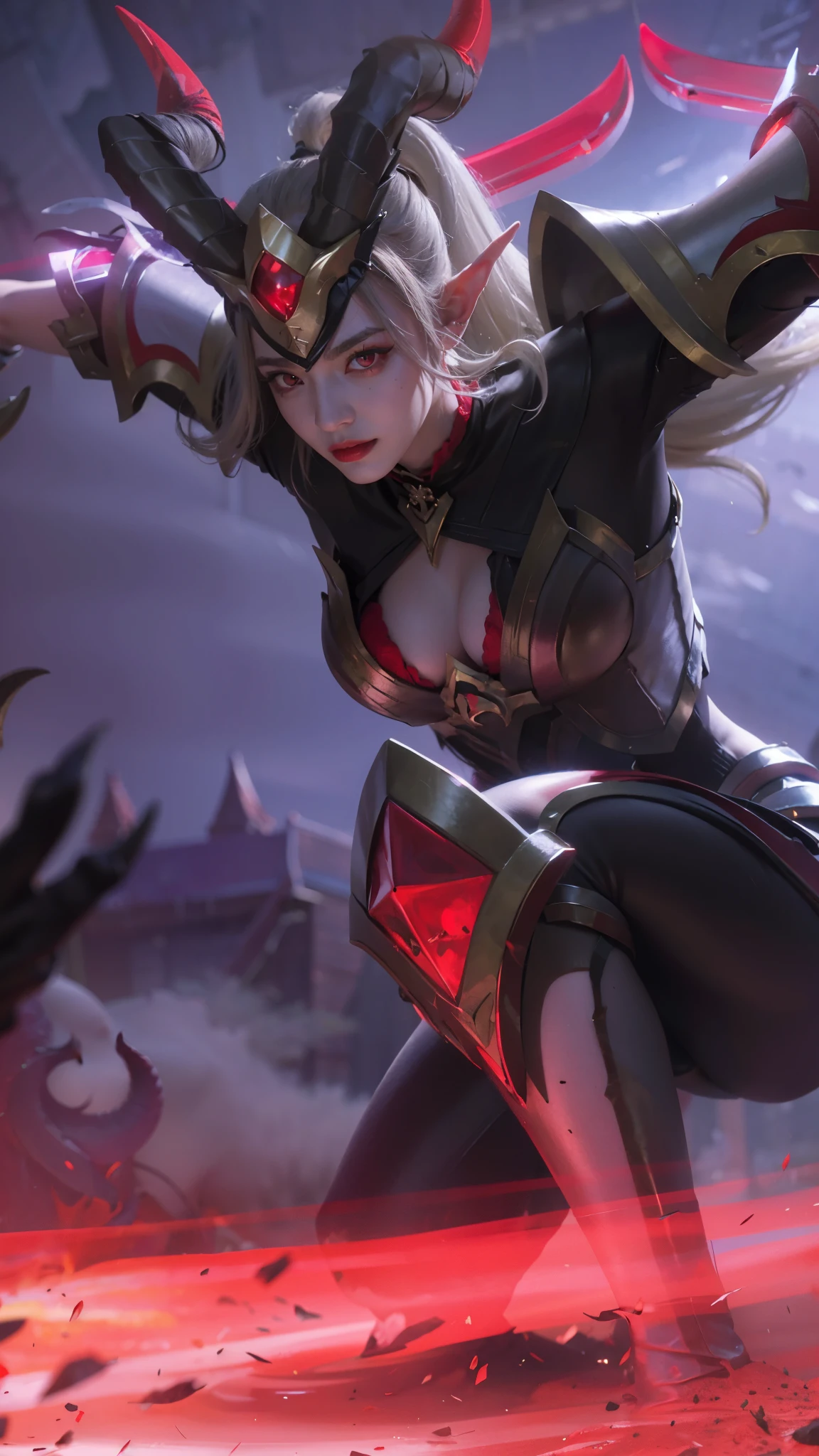 (female:1.2), 8k, ultra hd, ultra detailed texture, hyper realistic, masterpiece, detailed texture, detailed face, detailed skin, detailed lighting, (photorealistic:1.5), best quality, beautiful lighting, cinematic lighting, professional lighting, ultra highres, realistic, detailed hair, real hair, high quality, (realskin:1.5), extremely detailed, finely detail, ultra-detailed, 1girl, solo, elf, pointy ears, standing, demon horns, forehead protector, (red eyes:1.5), v-shapped eyebrow, lips, red lips, evil smile, nose, make up, pretty, beautiful, cute face, long hair, blue hair, high ponytail, large breasts, cleavage, armpit, navel, stomach, black armor, pauldrons, bare shoulders, shoulder armor, thigh high, sleevless, detached sleeves, breastplate, gauntlets, karina \(mobile legends\), depth of field, looking aways, white skin, skin tight, amazing pose, outdoors, glowing, dark view