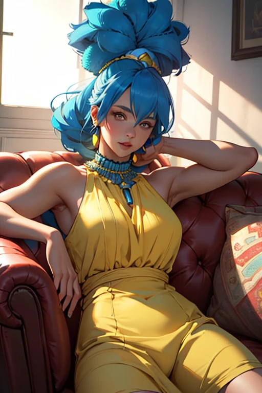 (Marge Simpson:1.2), translucent green sundress , bright blue hair styled in a tall beehive hairdo, huge round eyes with blue irises, bright yellow skin, on a sofa, realistic lighting, camera raw, photorealistic, realistic image, realistic detail, detailed body, detailed face, opened legs