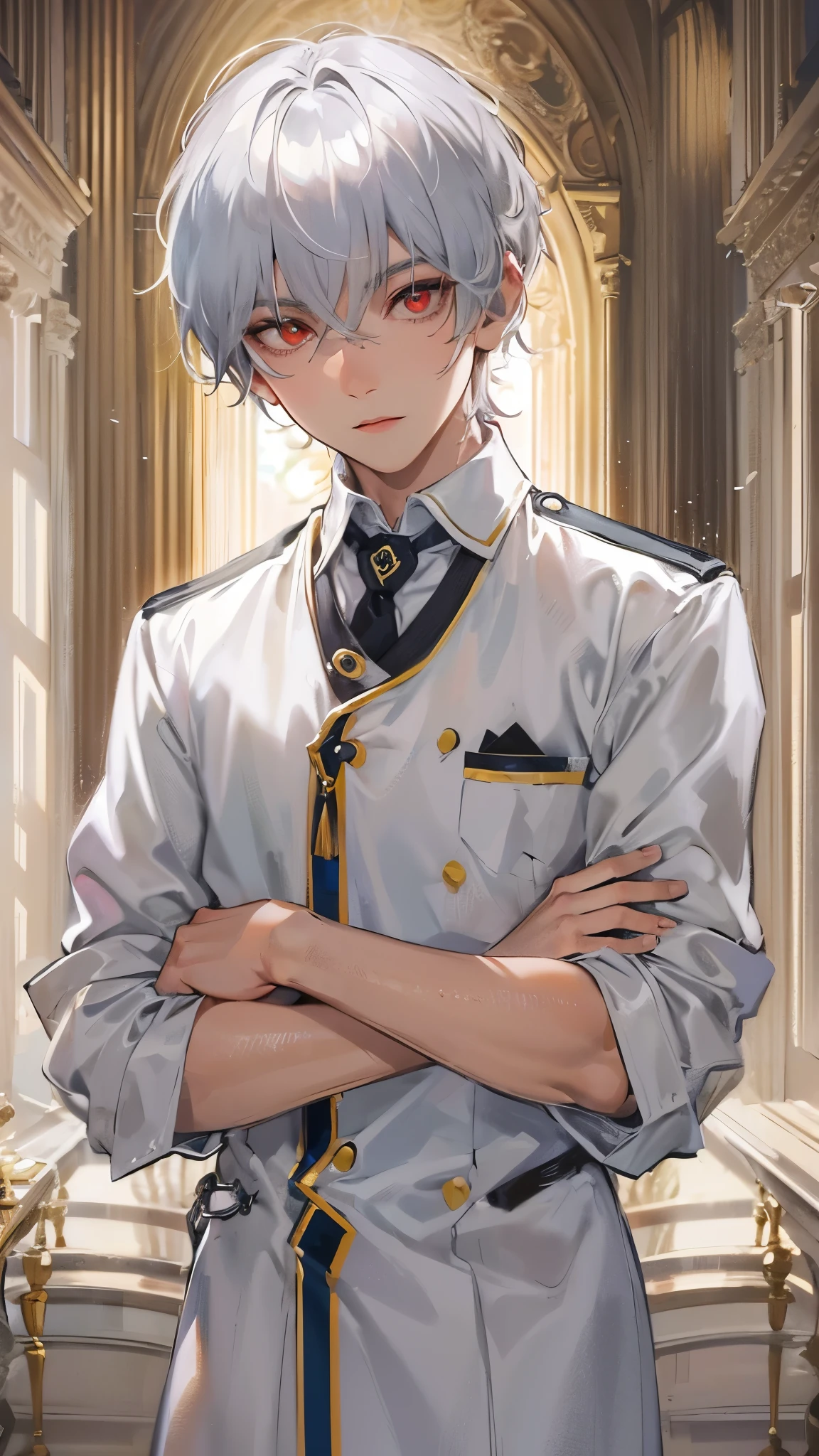 (arms crossed) (solo silver short hair divine boy, , Stinking:1.2 eyes red eyes, astonishing face), in a butler uniform, standing from door, in the enchanted room, break, perfect anatomy, masterpiece:1.2, best quality, 8k, beautiful detailed grow, daydreaming expression.