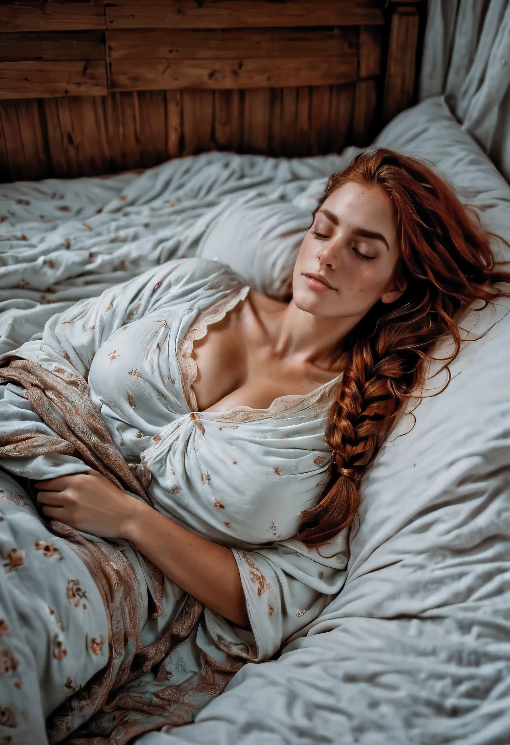 (birdseye view), (zoomed out:1.2), (whole room in the picture) a room with a big wooden bed, hardwood floors and a persian carpet. On the bed a beautiful 30-year old woman sleeping in her bed in the wee hours of the night, dark, blueish light, strong shadows. She is under the covers, (((her body is covered by the blanket))), only her face and hands are visible from under the blanket. she has reddish-brown hair, hair made into a loose braid. light skin and freckles, black eyebrows and high cheekbones, brown eyes, (downturned eyes). natural skin tecture. she's wearing a White night gown with lace decorations. Room is cozy and rustic. Night stand with a glass of water. Window with a view of a starry night with crescent moon.