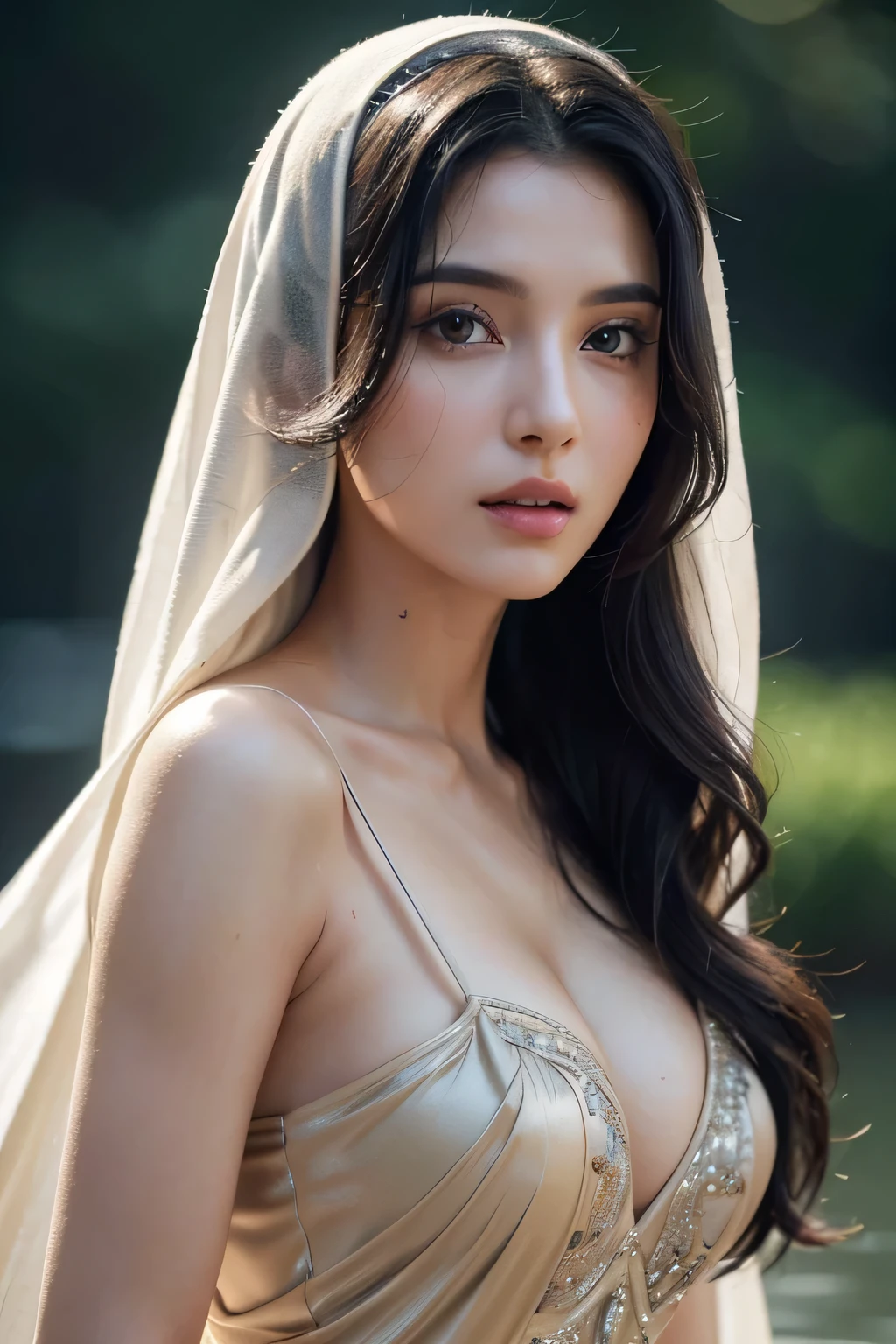 Photo of 25 year old Arabian woman, ((wearing modest Arabian dress covering her whole body )). Dress modestly, RAW, beautiful woman, (black blond hair with extra long wavy), amzing hair ,yellow-green eyes, ((portrait)), (Detailed face: 1.2)), (Detailed facial features)), (Fine skin), pale skin, normal lips colour, perfect face, beautiful face, high detail, slim body, (cold color), wet, moist, reflection, (masterpiece) ( Perfect proportions) (realistic photos) (highest quality) (detail) shot with Canon EOS R5, 50mm lens, f/2.8, HDR, (8k) (wallpaper) (movie lighting) (dramatic lighting) (sharp focus) (complex) fashion, full body shot, medium breast, cleavage, (wet skin),