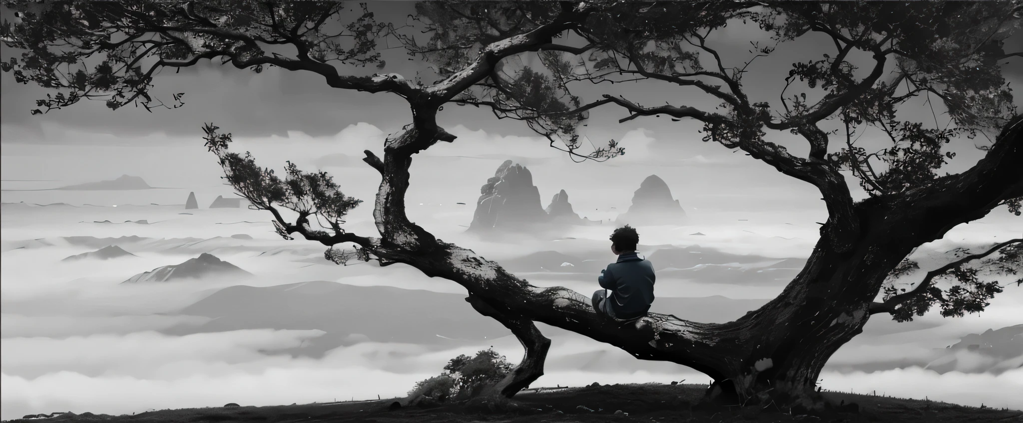 boy sitting on tree,In the distance is the sea of clouds 8k octane