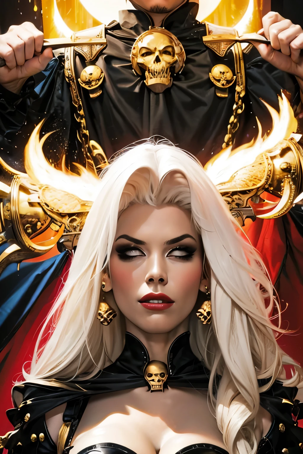 (best quality, masterpiece), (tarot, tarot card,:1.1) (((Bridgette))) as Lady Death, black background, golden,