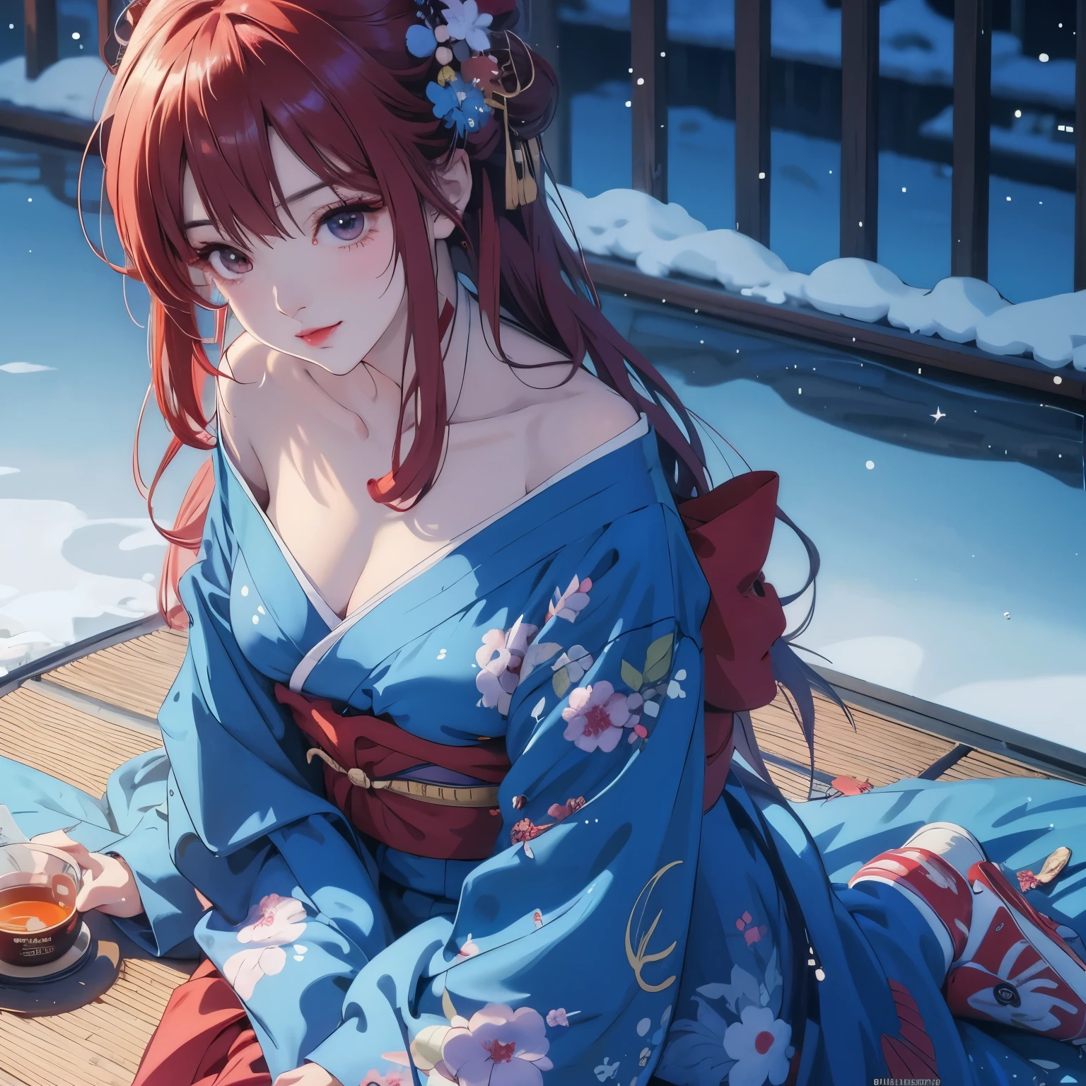 Anime girl wearing kimono sitting on mat drinking tea, anime style 4k, 4k comic wallpaper, anime wallpaper4k, anime wallpaper4K, 4kanime wallpaper, beautiful anime girl, anime art wallpaper 4k, Anime Art Wallpaper 4k, anime art wallpaper 8k, hd anime wallpaper, anime girl desktop background, anime wallpaper