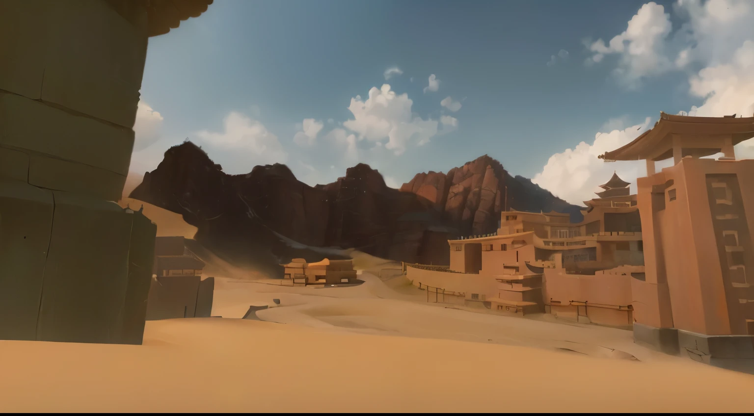 ((realistic light, best quality, 8k, Pianfei: 1.3)), ((Desert canyon dyed red by sunset)), (A huge temple carved into a high cliff), Chinese Han Dynasty,Western Regions,fortress in desert