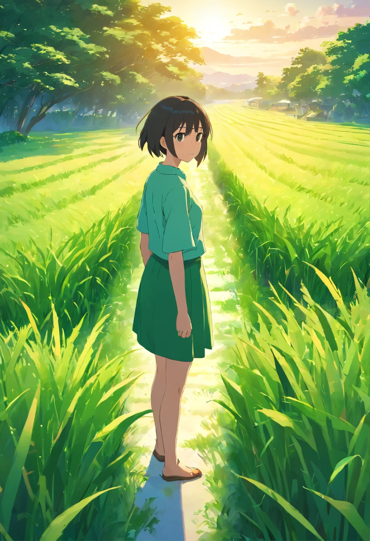 A lush green rice field bathed in sunlight, a serene countryside with a small path meandering through the fields (best quality,4k,8k,highres,masterpiece:1.2),ultra-detailed,(realistic,photorealistic,photo-realistic:1.37),HDR,UHD,studio lighting,extreme detail description,professional,landscape,vivid colors,sharp focus,physically-based rendering,bokeh