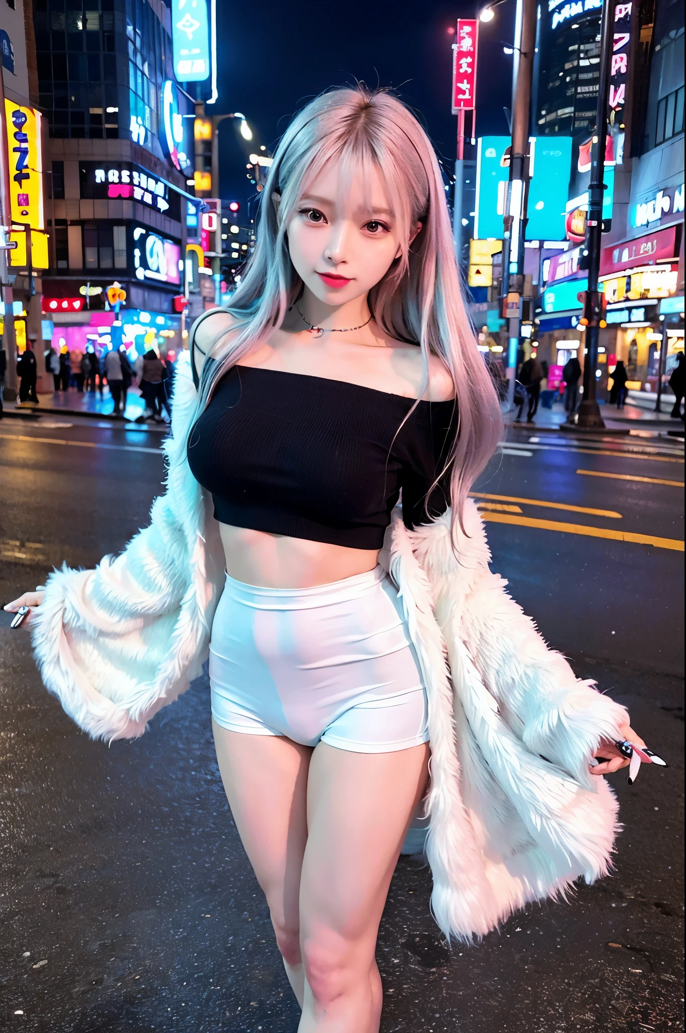 (8k, RAW photo, highest quality, masterpiece: 1.2), (realistic, photorealistic: 1.37), one girl, (K-POPアイドル), (charm: 1), cute, cityscape, night, winter, snow, professional lighting, photon mapping, radio city, Physically based rendering,thin
