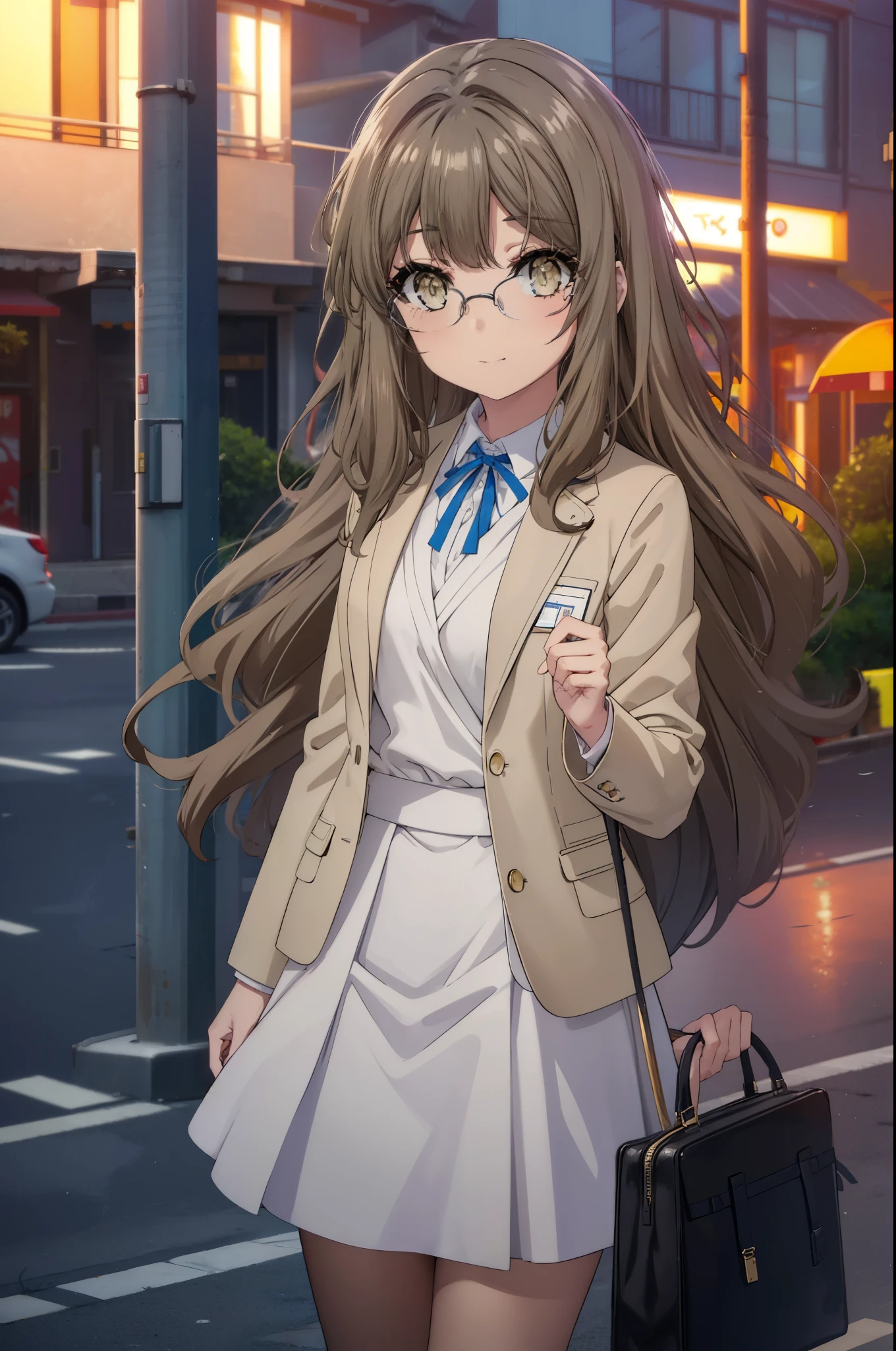 riofutaba, rio futaba, long hair, brown hair, (brown eyes:1.5), Glasses,smile,blush,
, OL,Braid, end, black suit jacket, collared jacket, white dress shirt, collared shirt, neckline, button, strap, ID card on the neck, black pencil skirt, black pantyhose, stiletto heels,business bag,smile, blush, looking at the viewer,sunset,夕方 
break outdoors, In town,building street,
break looking at viewer, (cowboy shot:1.5),
break (masterpiece:1.2), highest quality, High resolution, unity 8k wallpaper, (figure:0.8), (detailed and beautiful eyes:1.6), highly detailed face, perfect lighting, Very detailed CG, (perfect hands, perfect anatomy),