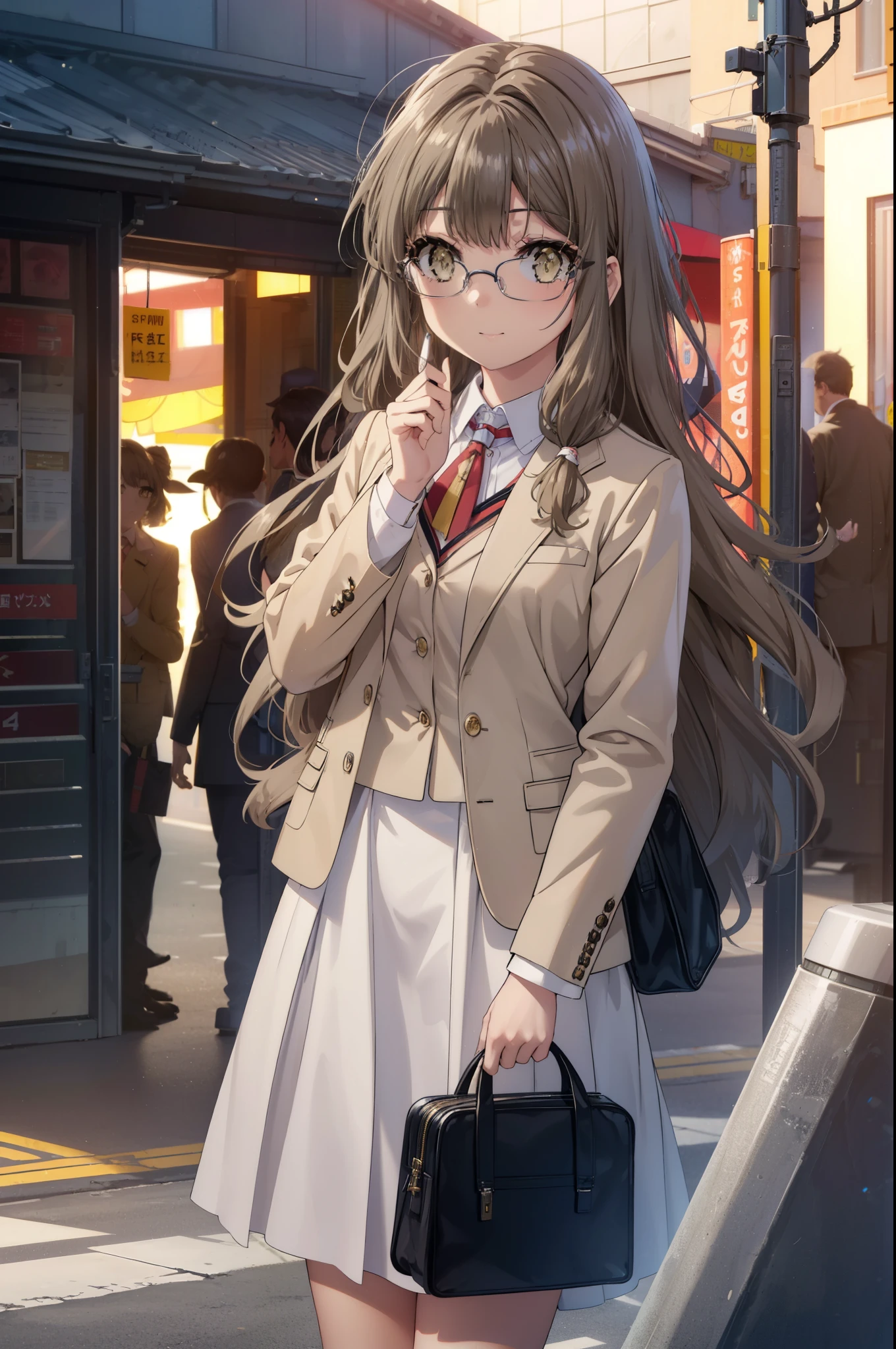 riofutaba, rio futaba, long hair, brown hair, (brown eyes:1.5), Glasses,smile,blush,
, OL,Braid, end, black suit jacket, collared jacket, white dress shirt, collared shirt, neckline, button, strap, ID card on the neck, black pencil skirt, black pantyhose, stiletto heels,business bag,smile, blush, looking at the viewer,sunset,夕方 
break outdoors, In town,building street,
break looking at viewer, (cowboy shot:1.5),
break (masterpiece:1.2), highest quality, High resolution, unity 8k wallpaper, (figure:0.8), (detailed and beautiful eyes:1.6), highly detailed face, perfect lighting, Very detailed CG, (perfect hands, perfect anatomy),