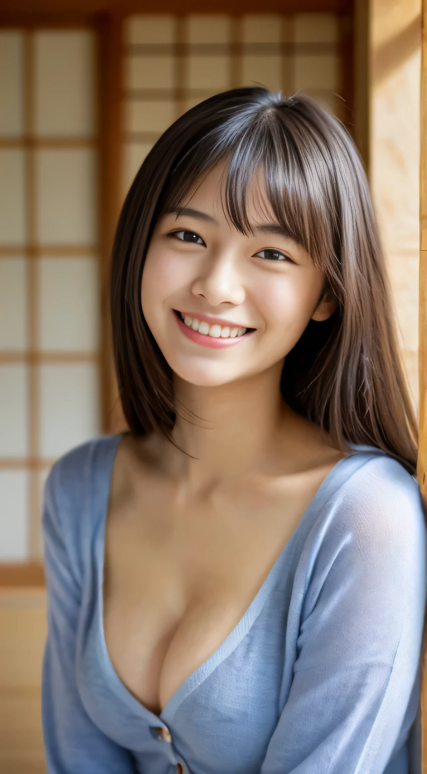 masterpiece,best quality,(Japanese ),((Beautiful girl)),cleavage,indoor,(perfect body beauty:1.2),(shy smile),beautiful teeth,