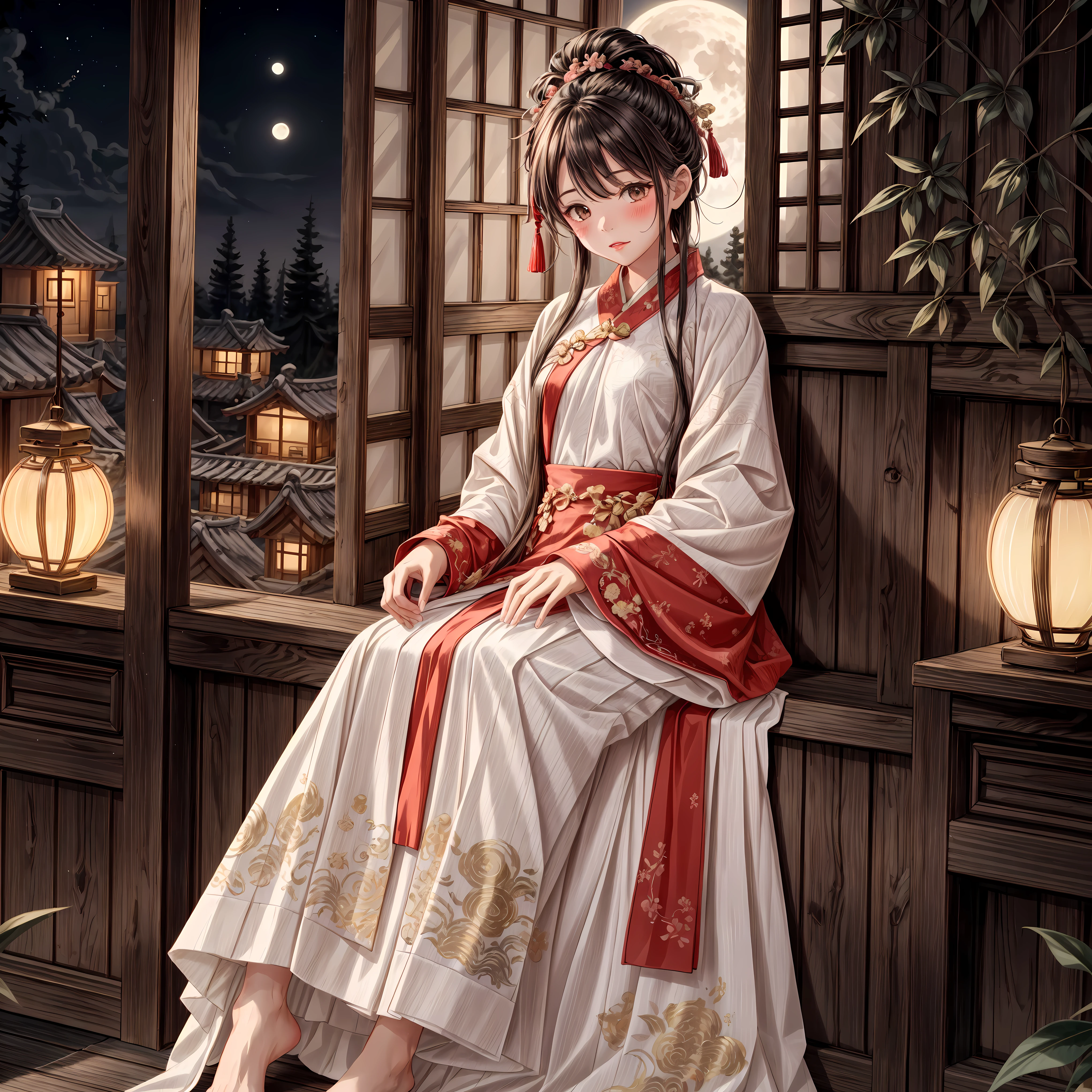 (Ridiculous,Super detailed),(1 girl:1.3),(Hand Painted,simple lines,16-year-old girl wearing red Hanfu,on the bed,barefoot,indoor,moonlight,at night,nose blushing,leave,high resolution,masterpiece),moonlight下的卧室里有一个 16 岁的女孩,wear (Vibrant red Chinese Hanfu), 躺on the bed. 窗外柔和的moonlight映照着房间,dim light, Create a peaceful atmosphere. Girl's face is decorated with blush on the nose, Add a touch of innocence and charm. Her attire is beautifully Hand Painted, Showcasing the intricate details of traditional clothing. Simple yet elegant lines, Capturing the essence of Hanfu style. The girl is barefoot, Exudes a feeling of comfort and relaxation. This artwork was created at a ridiculously high resolution,and pay attention to details, Make every stroke and fine line clearly visible. The composition is a masterpiece, Reflects the skill and artistry of the creator. The perspective is from the girl's point of view, Let the audience immerse themselves in her world. The prompt aims to generate an Super detailed, high resolution图像捕捉了中国传统风格环境中月夜的美丽与宁静.
