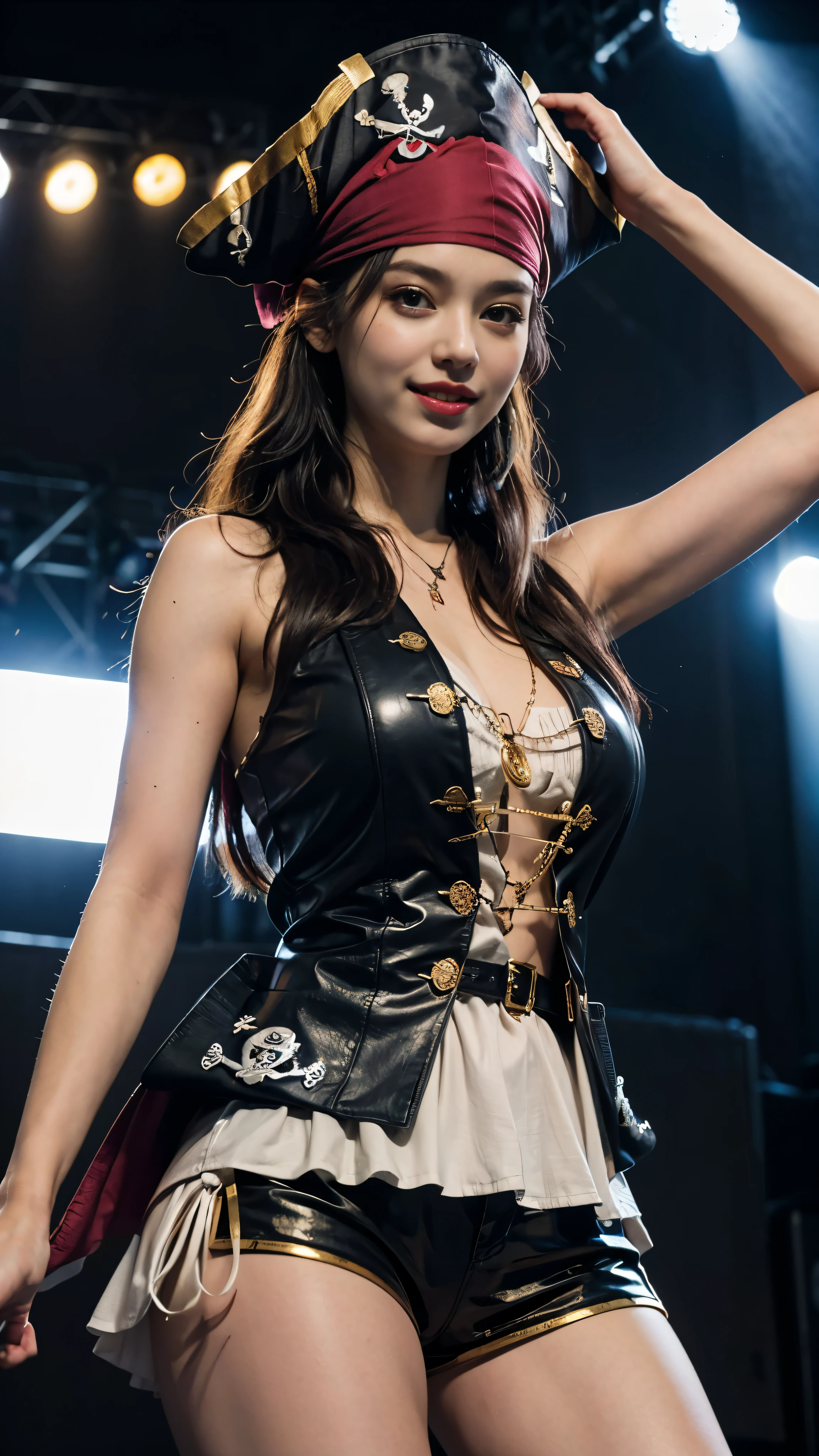 (RAW photo、highest quality)、(realistic、Photoreal:1.3)、highest quality、masterpiece、very delicate and beautiful、A hvery detailed、nffsw、sense of oneness、2k wallpaper、growing up、Beautiful in every detail、masterpiece、light smile、highest quality、Hvery detailed ticker Unity 8K wallpapers、huge file size、Super detailed、High resolution、very detailed、(Pirate costumes:1.4)、Rock Queen、18-year-old、(Dancing wildly on stage during a gorgeous concert set:1.4)、spread your legs wide、Spotlight、professional lighting、look at the camera、(close up of face:1.5)
