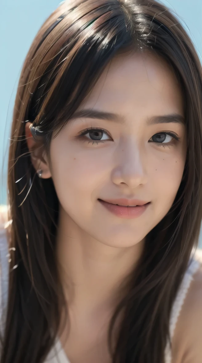 (RAW photo, highest quality)(8k, highest quality, masterpiece: 1.2), (realistic, realistic photo: 1.37), Super detailed, super resolution, professional photos, super detailed face, fine eyes, Very fine skin, very small nose, highly detailed mouth, perfect anatomy, very beautiful eyelashes, natural eyes, delicate eyes, simple background, (realistic lighting), cute girl, 20 generations, ((looking at camera)), smile, light blue background, like an idol, cute, baby face, lively face, waist shot,