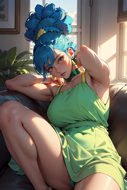 (Marge Simpson:1.2), translucent green sundress , bright blue hair styled in a tall beehive hairdo, huge round eyes with blue irises, bright yellow skin, on a sofa, realistic lighting, camera raw, photorealistic, realistic image, realistic detail, detailed body, detailed face, opened legs